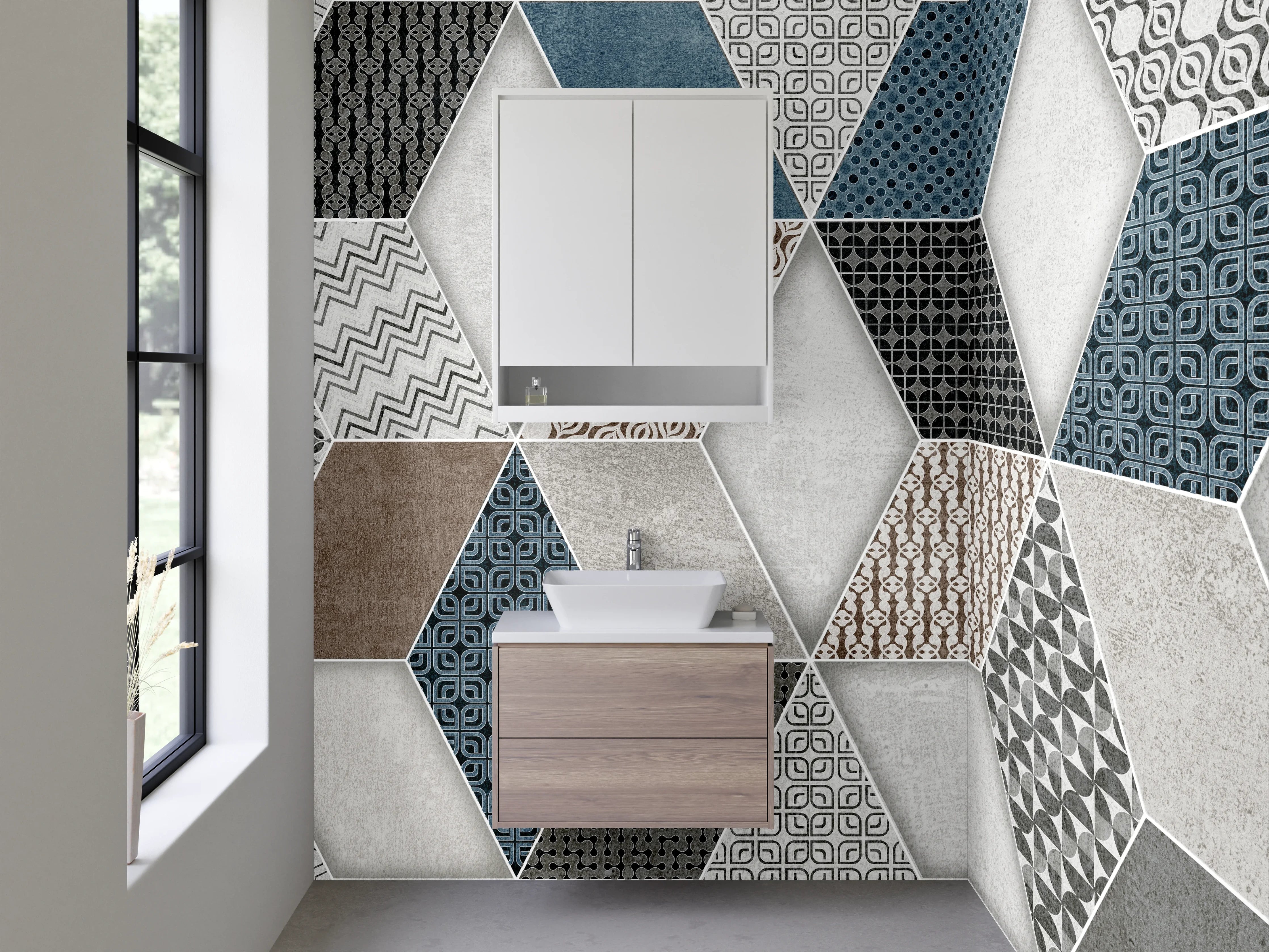 Waschbecken-Rückwand - Hexagon Fliesenmuster Blau Grau Braun