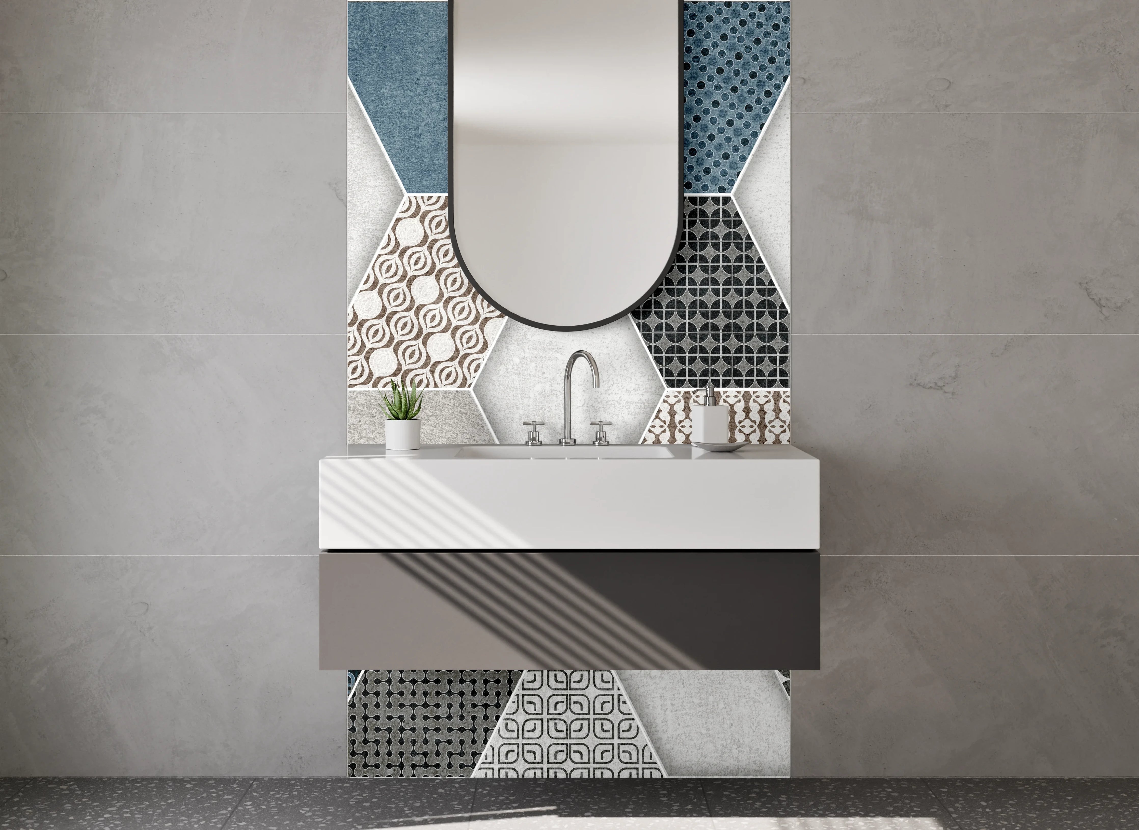 Waschbecken-Rückwand - Hexagon Fliesenmuster Blau Grau Braun