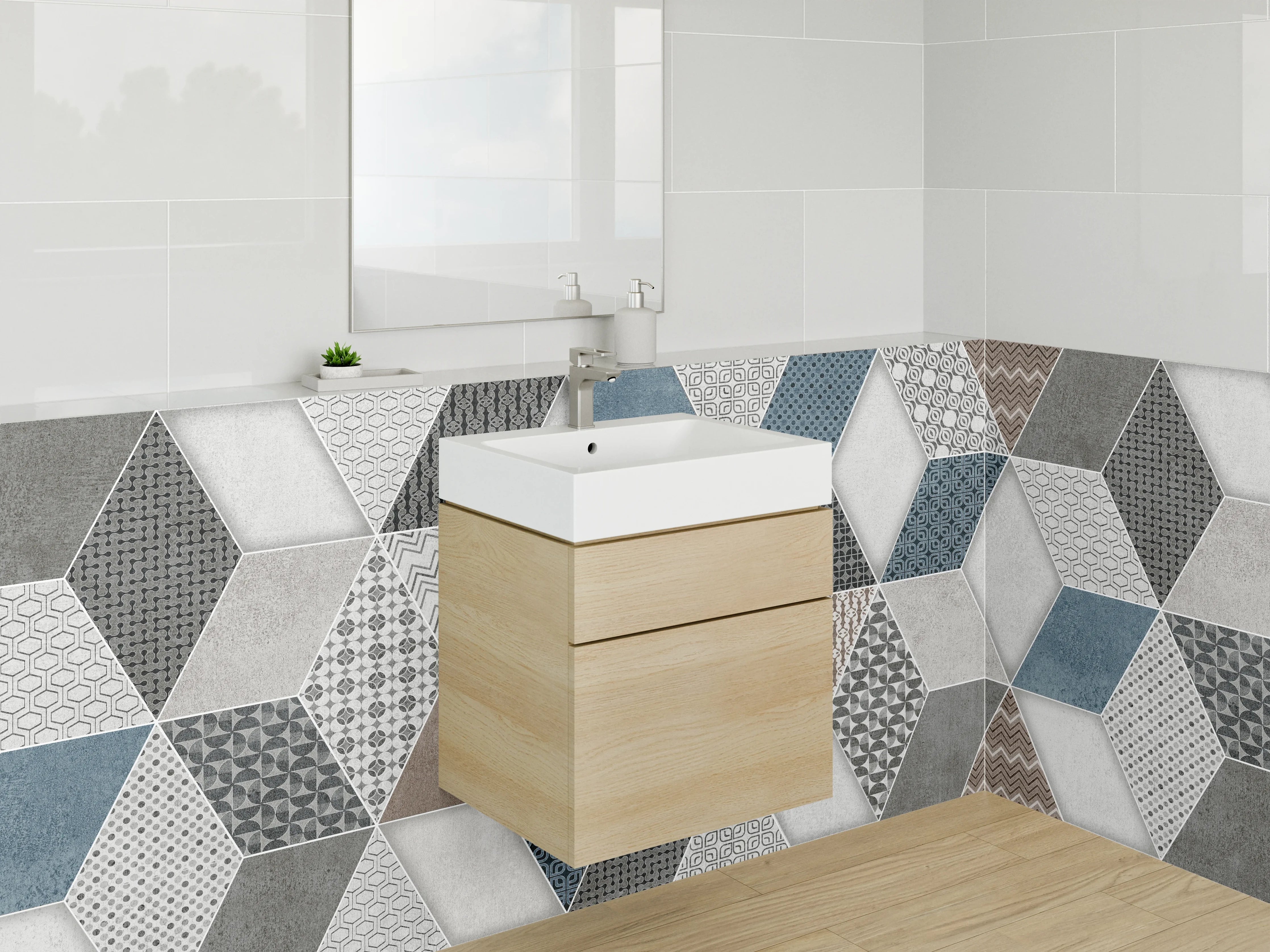 Waschbecken-Rückwand - Hexagon Fliesenmuster Blau Grau Braun