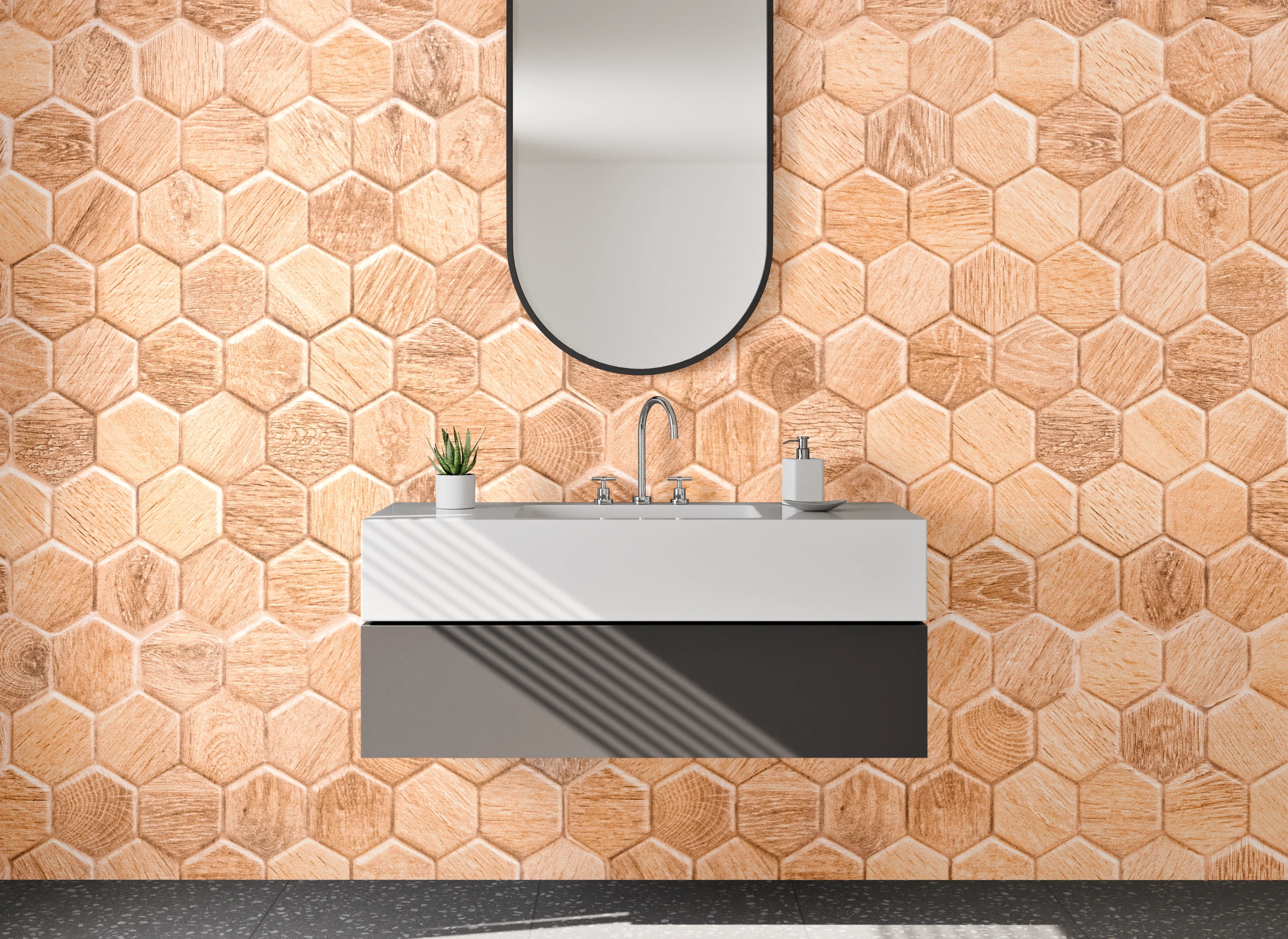 Waschbecken-Rückwand - Hexagon Holz Fliesen Wanddekor
