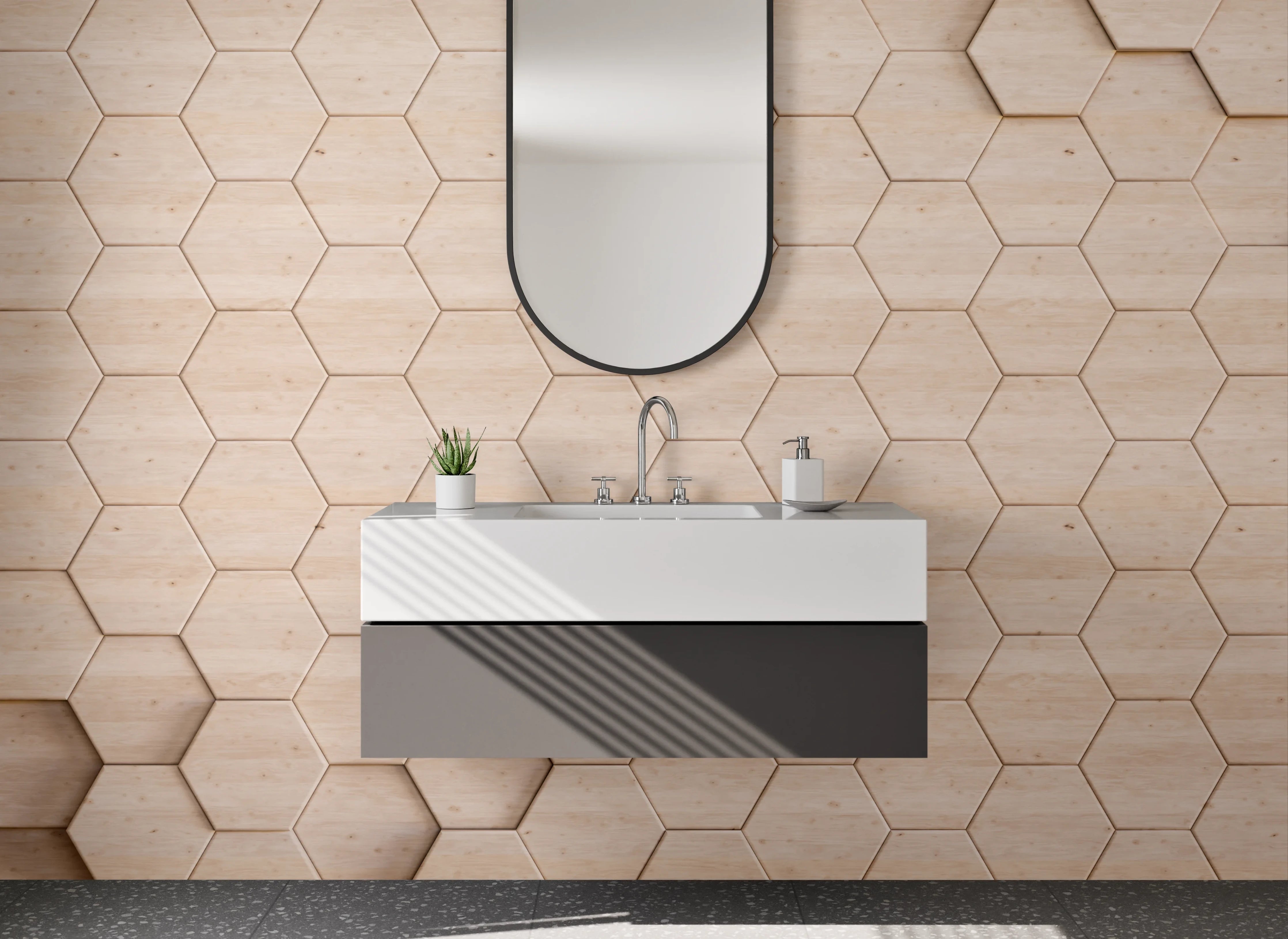 Waschbecken-Rückwand - Hexagon Holzoptik Mosaik beige