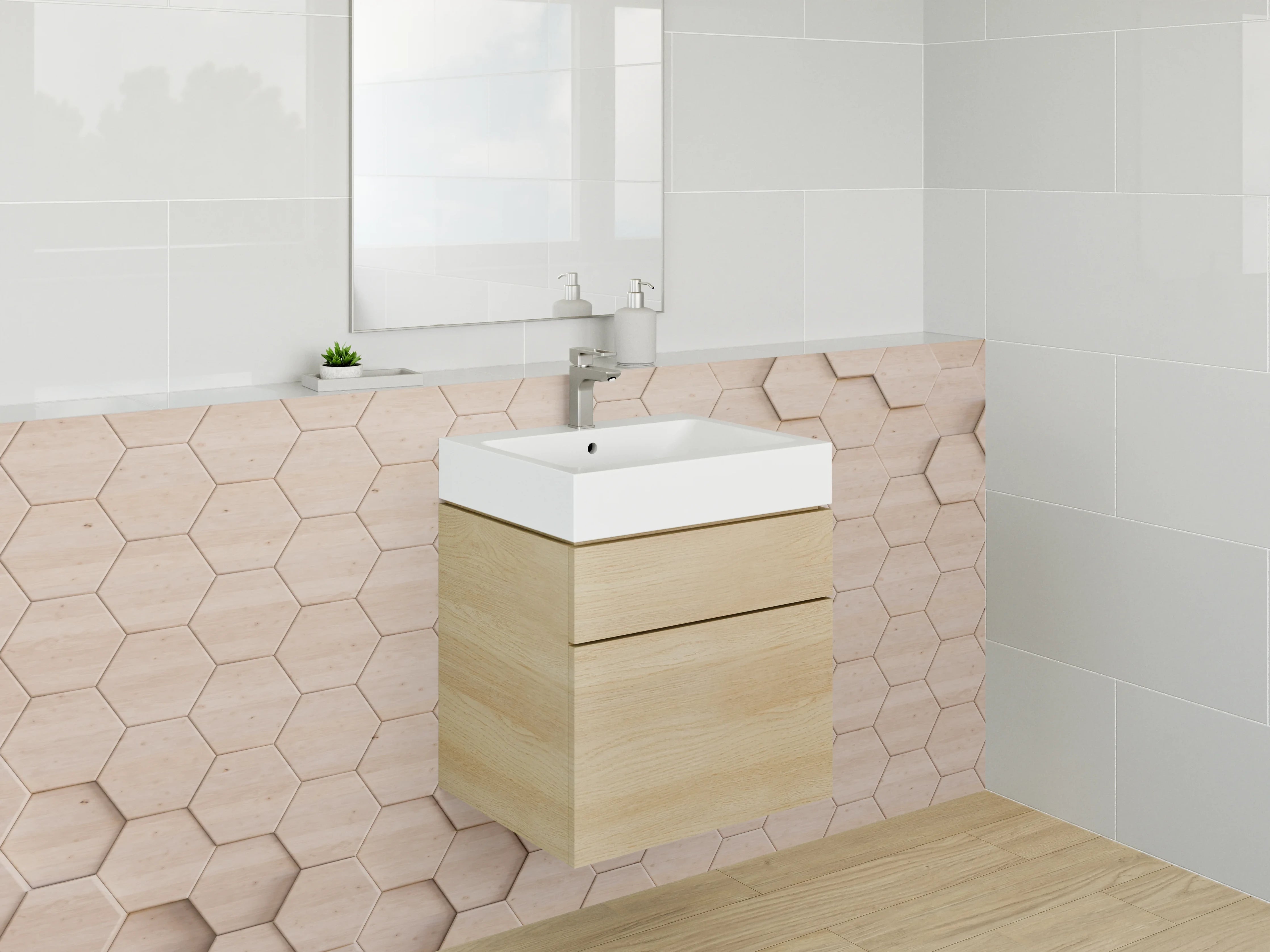 Waschbecken-Rückwand - Hexagon Holzoptik Mosaik beige