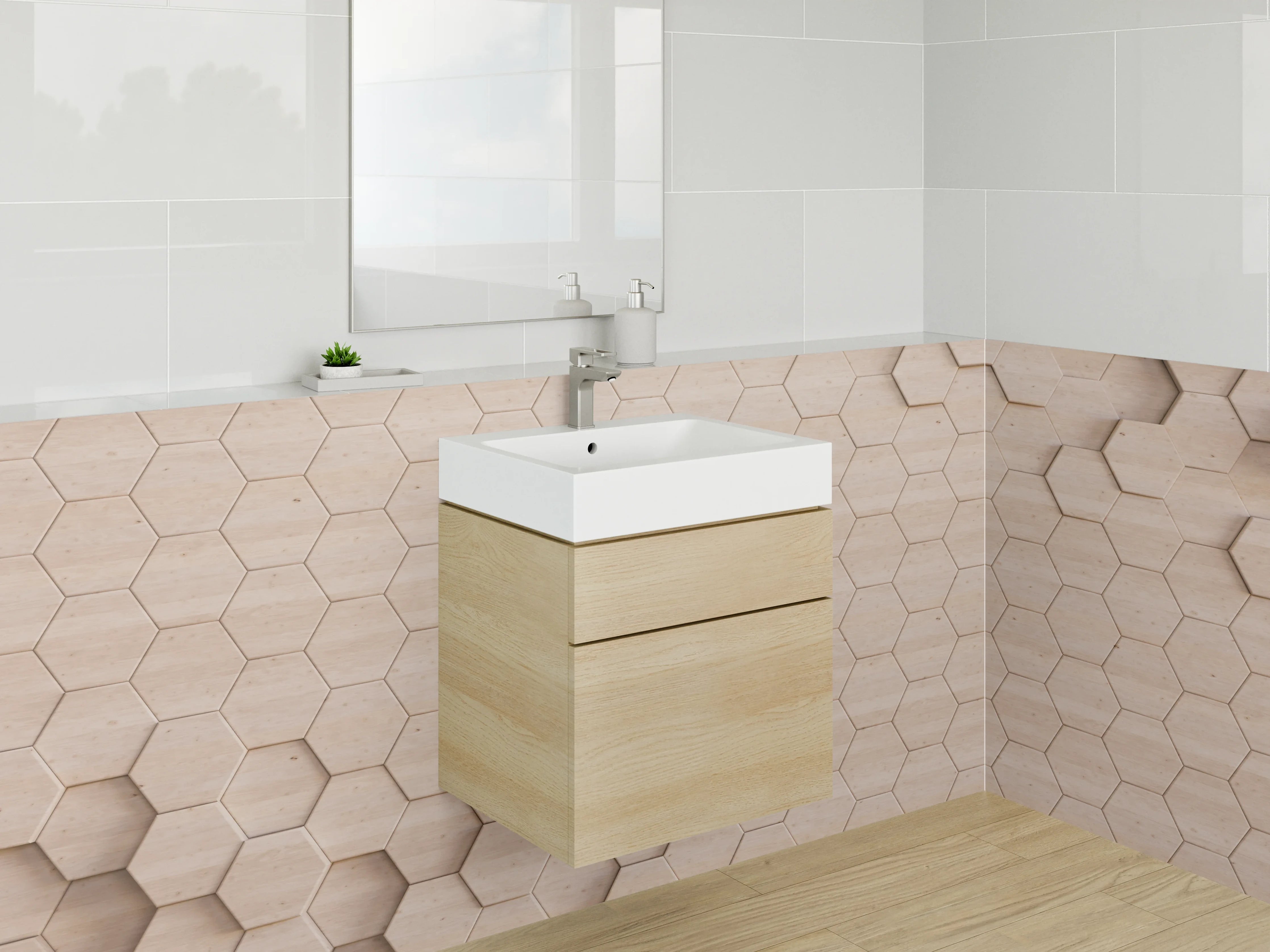 Waschbecken-Rückwand - Hexagon Holzoptik Mosaik beige