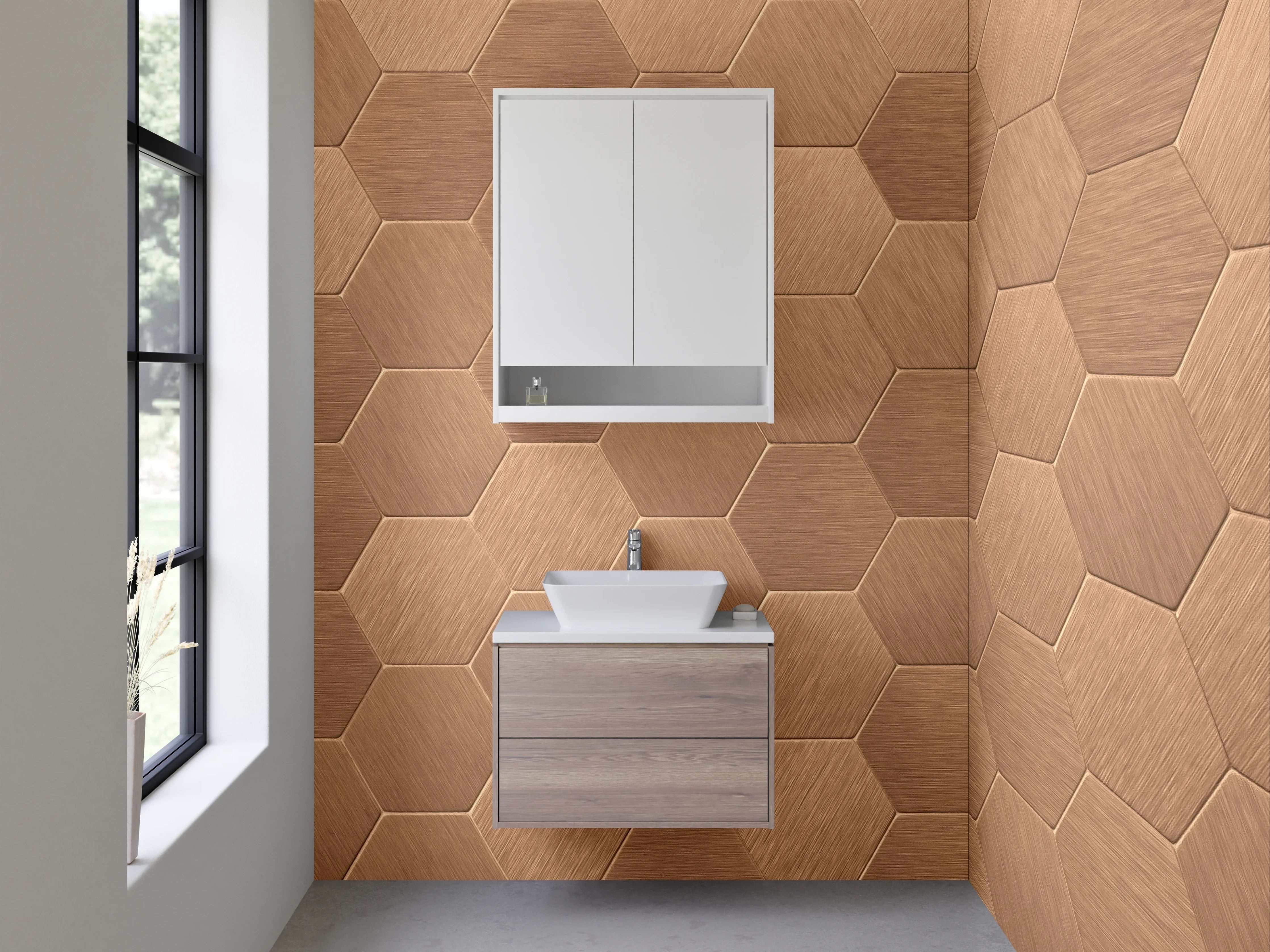 Waschbecken-Rückwand - Hexagon Kupfer Wandmuster