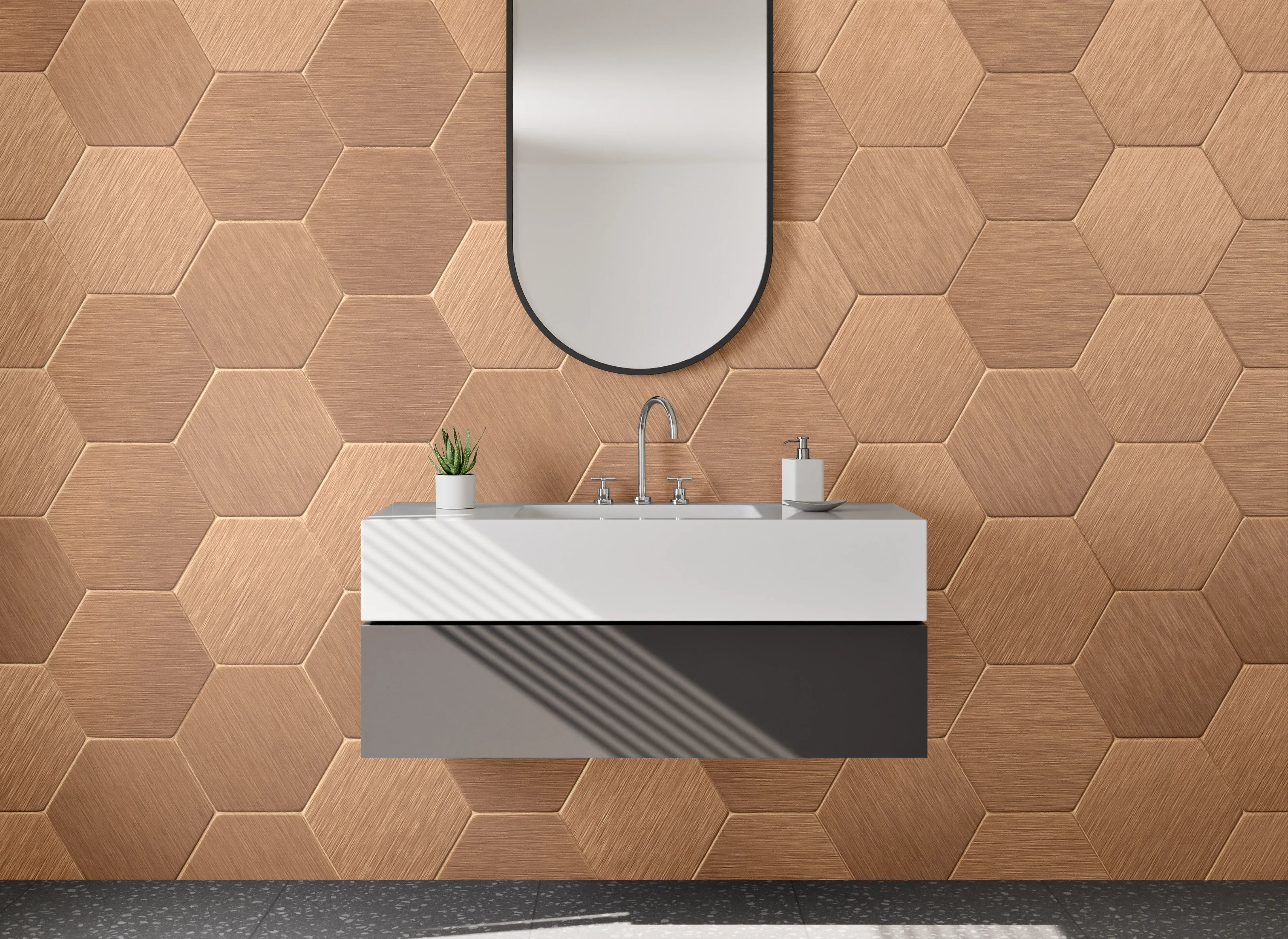 Waschbecken-Rückwand - Hexagon Kupfer Wandmuster