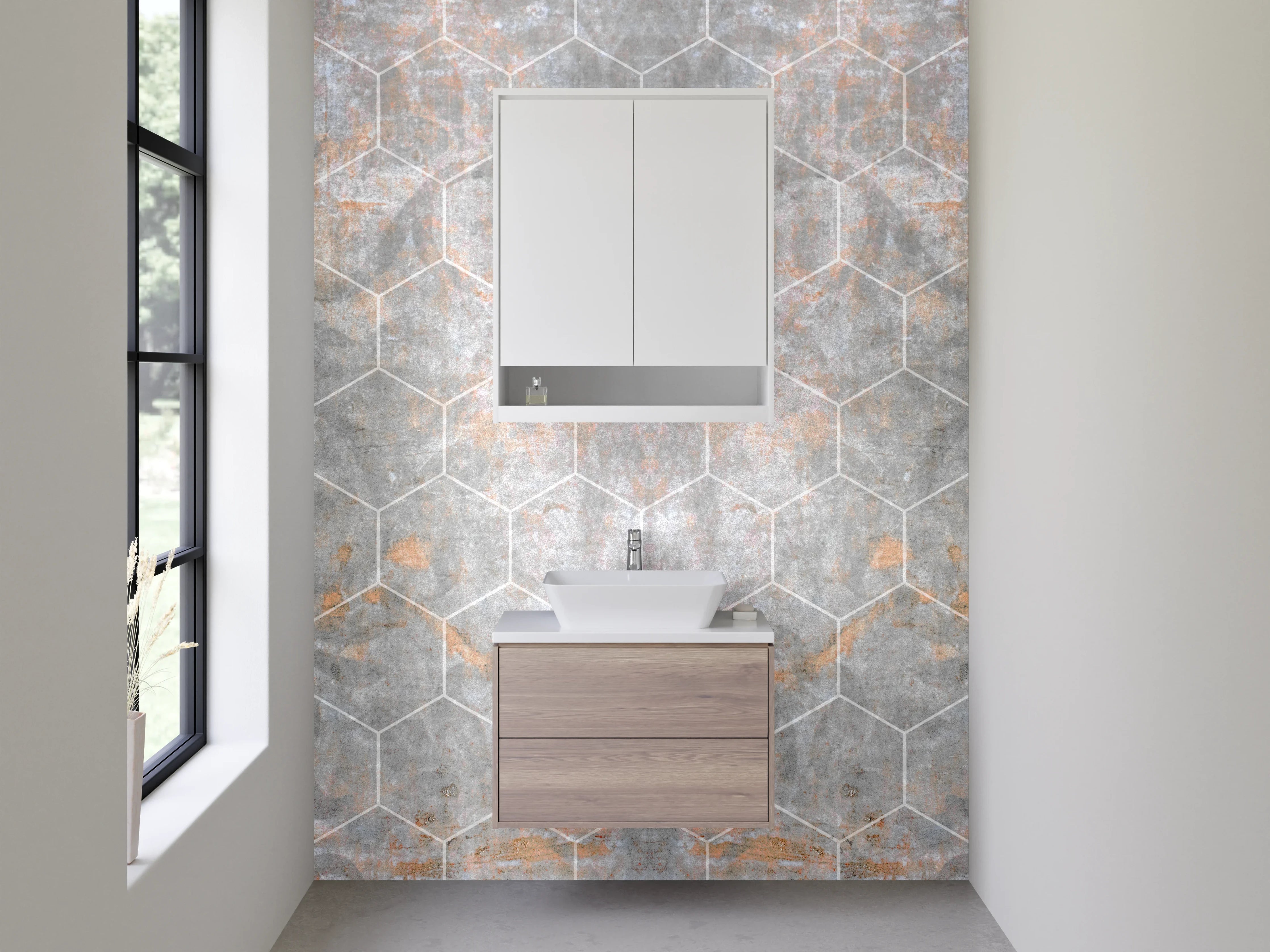 Waschbecken-Rückwand - Hexagon Marmor Vintage Grau Optik