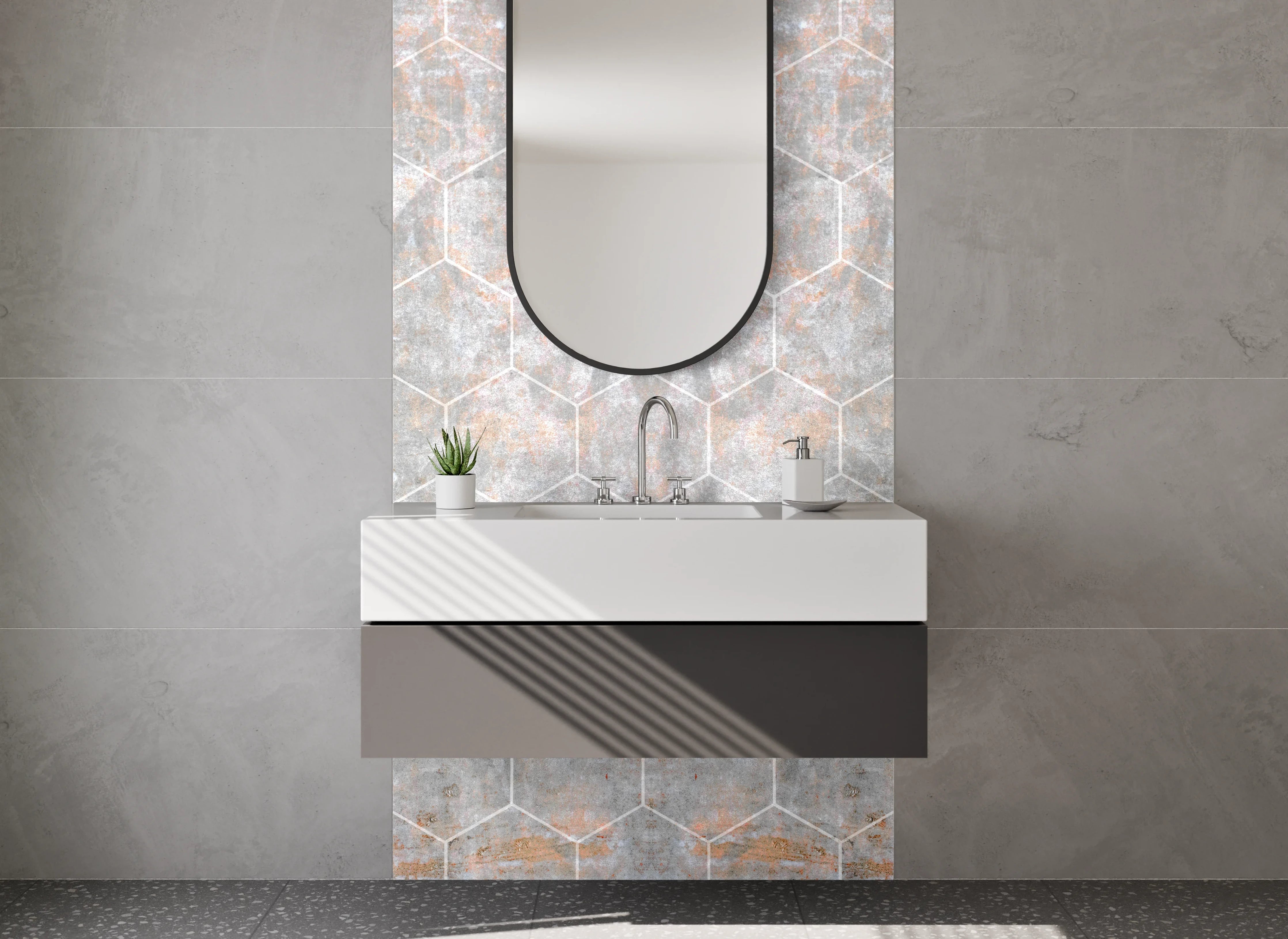 Waschbecken-Rückwand - Hexagon Marmor Vintage Grau Optik