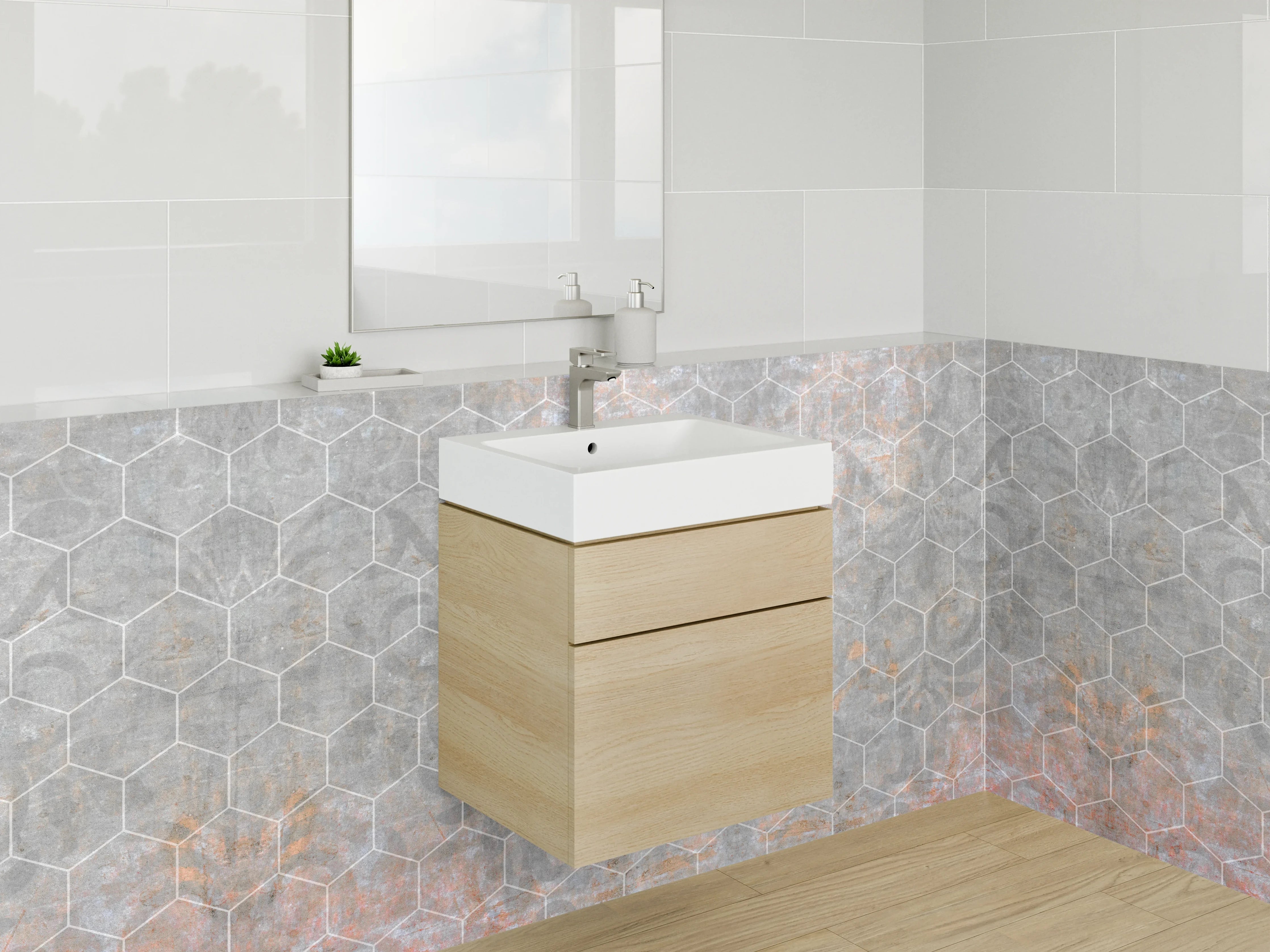 Waschbecken-Rückwand - Hexagon Marmor Vintage Grau Optik