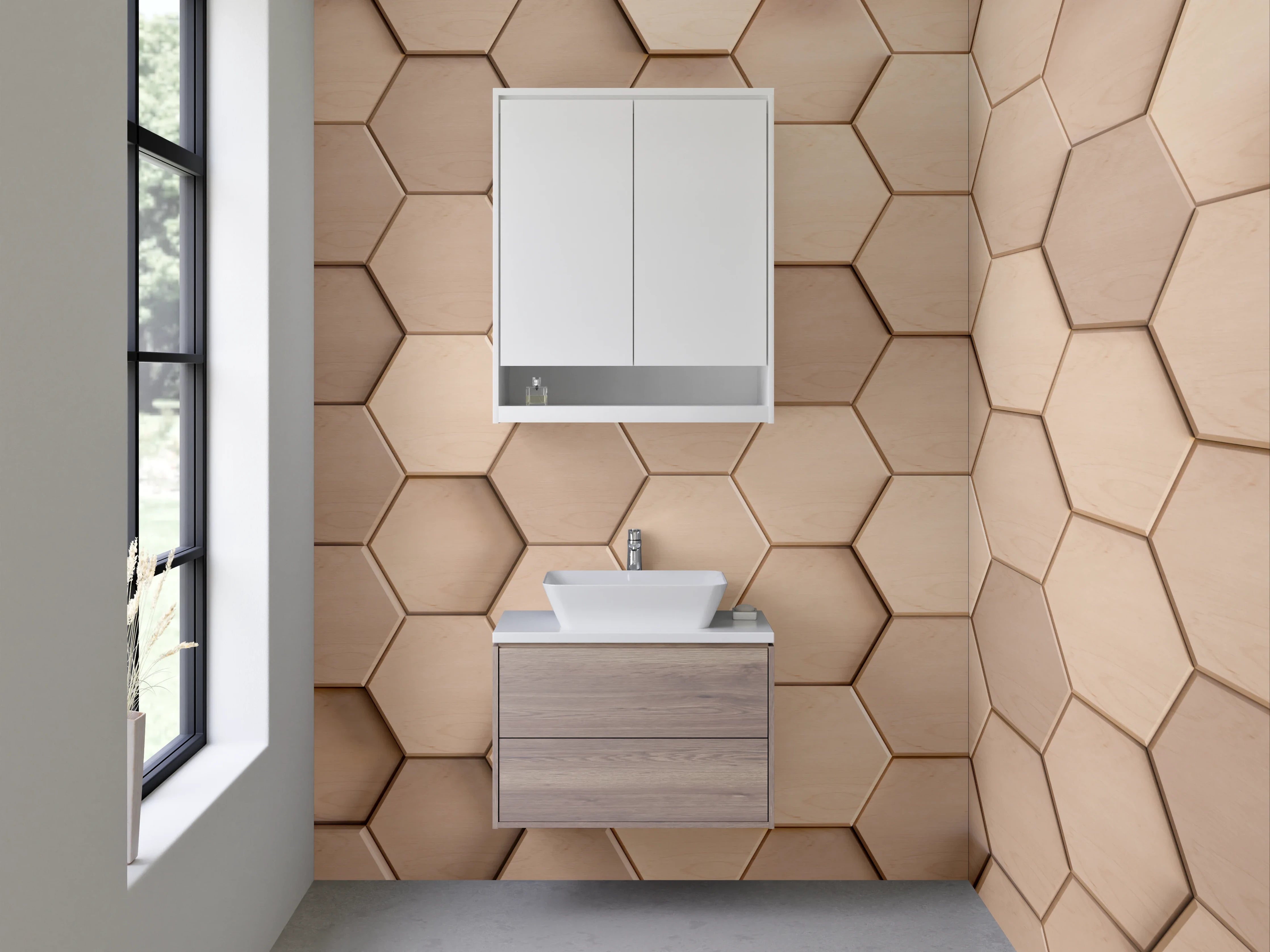Waschbecken-Rückwand - Hexagon Mosaik Beige 3D Effekt