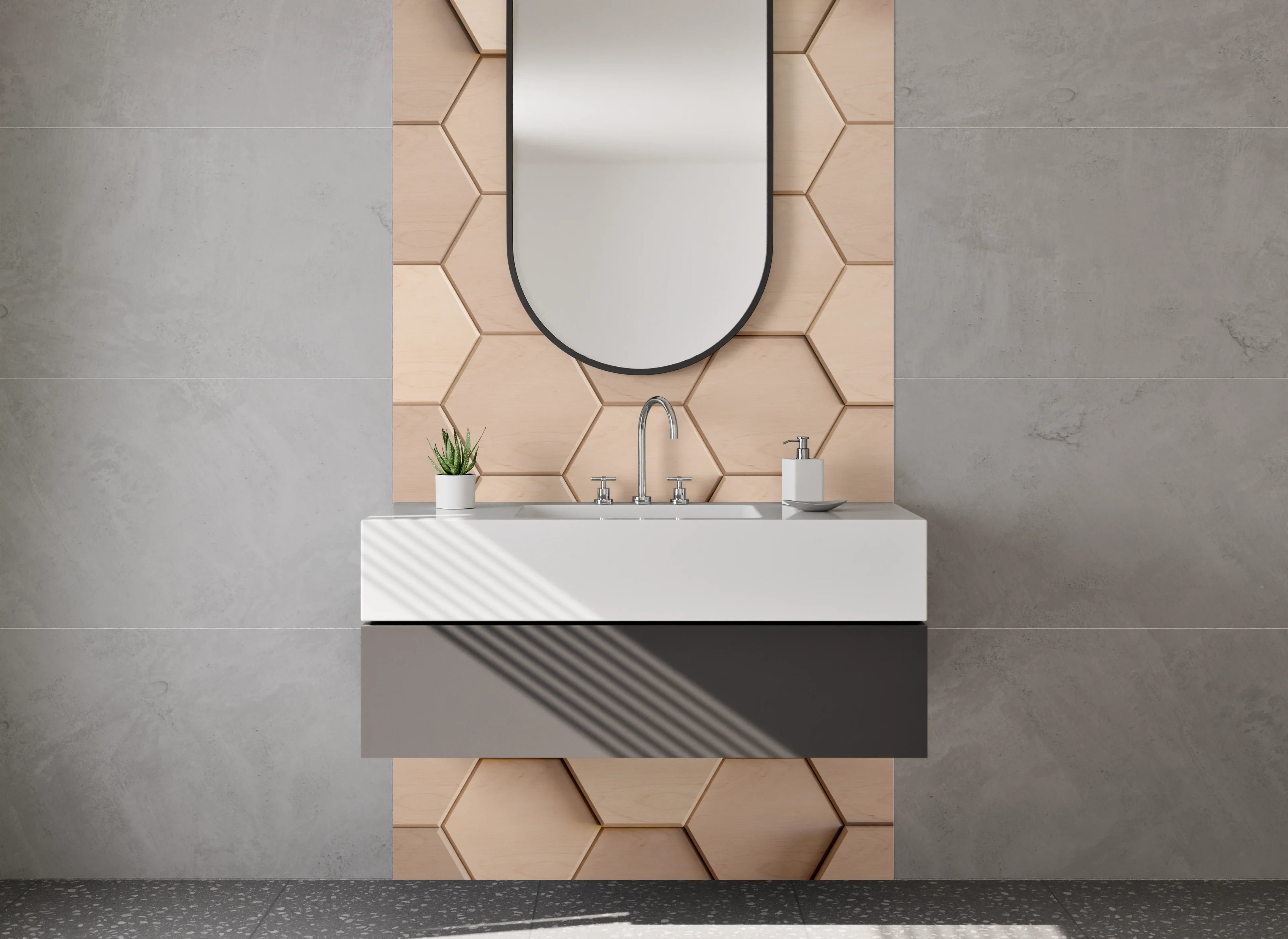 Waschbecken-Rückwand - Hexagon Mosaik Beige 3D Effekt