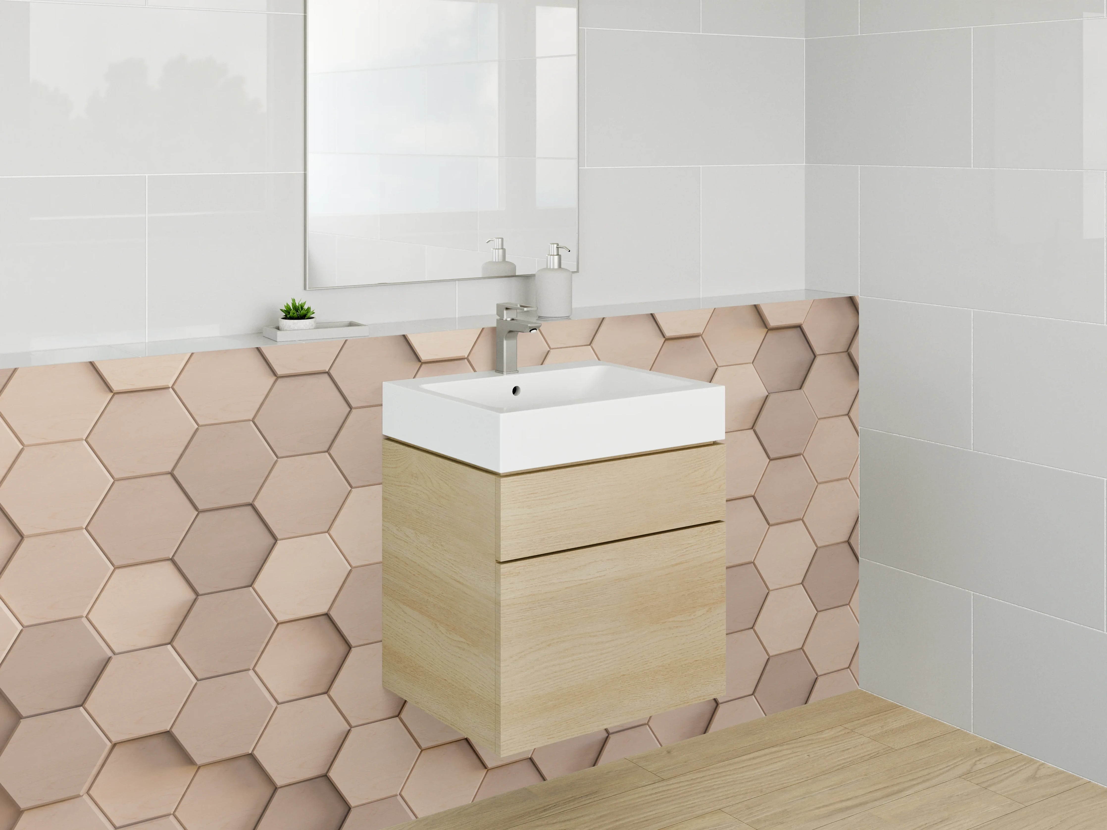 Waschbecken-Rückwand - Hexagon Mosaik Beige 3D Effekt