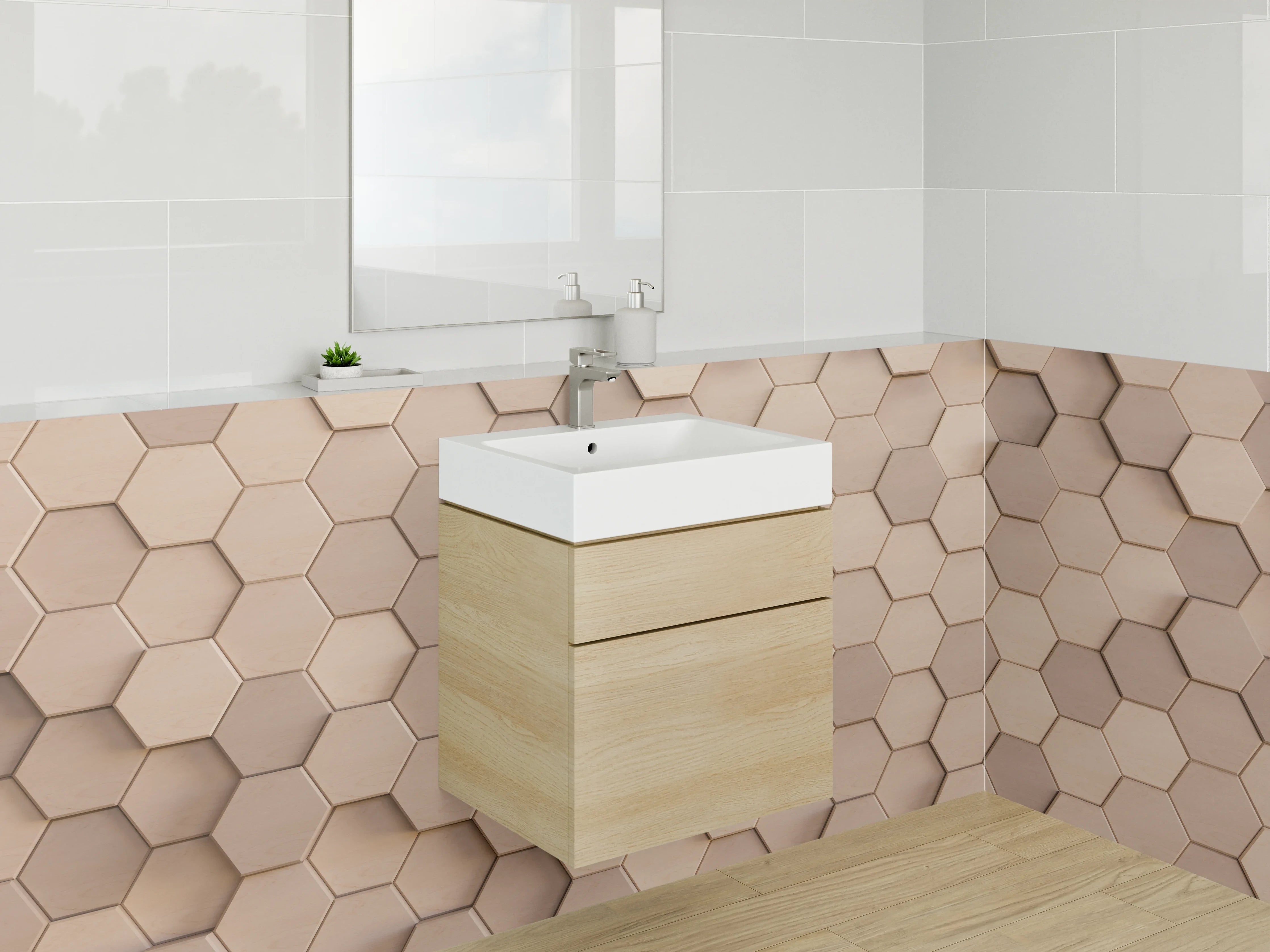 Waschbecken-Rückwand - Hexagon Mosaik Beige 3D Effekt