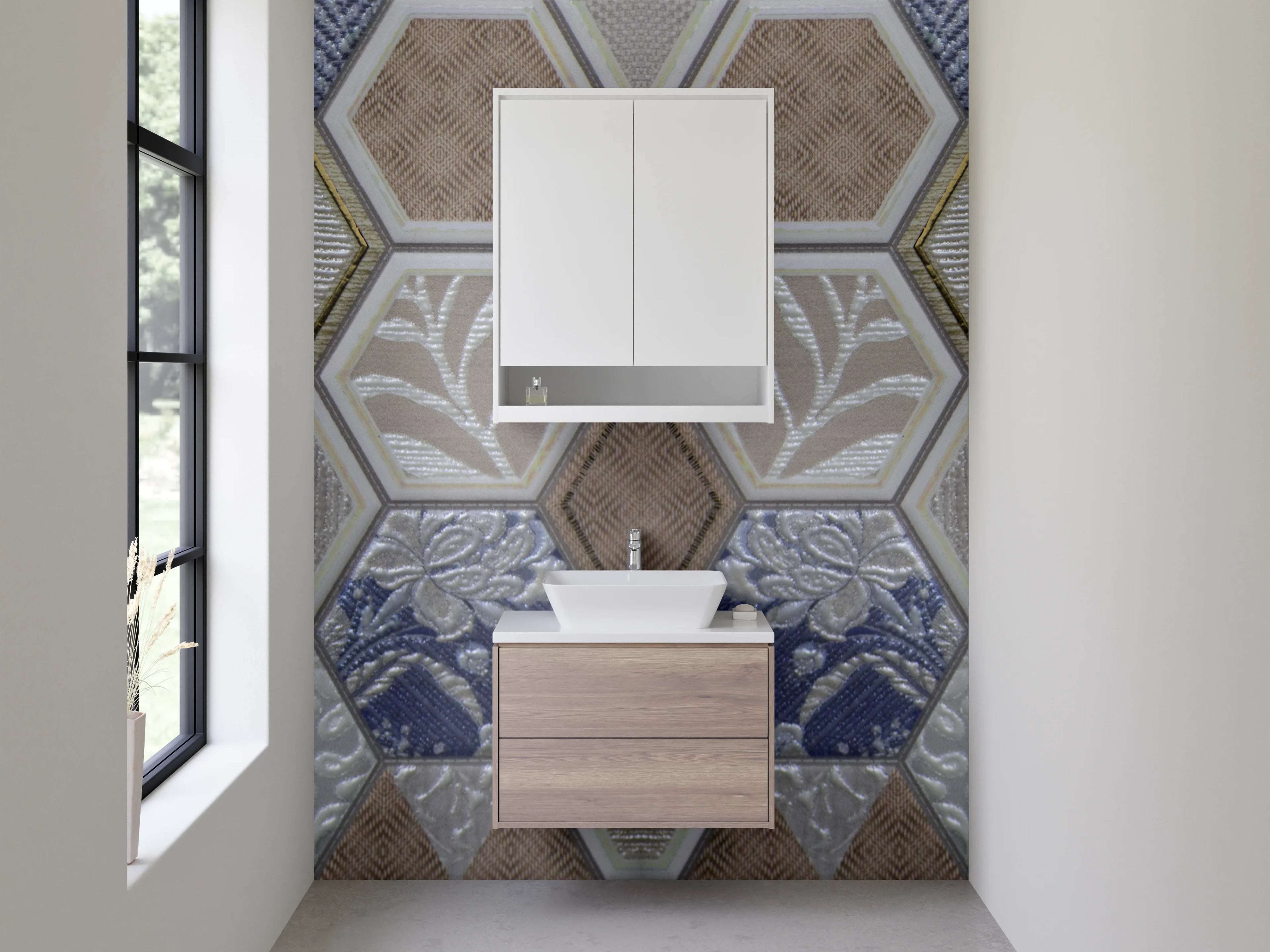 Waschbecken-Rückwand - Hexagon Mosaik Fliesen Beige Blau