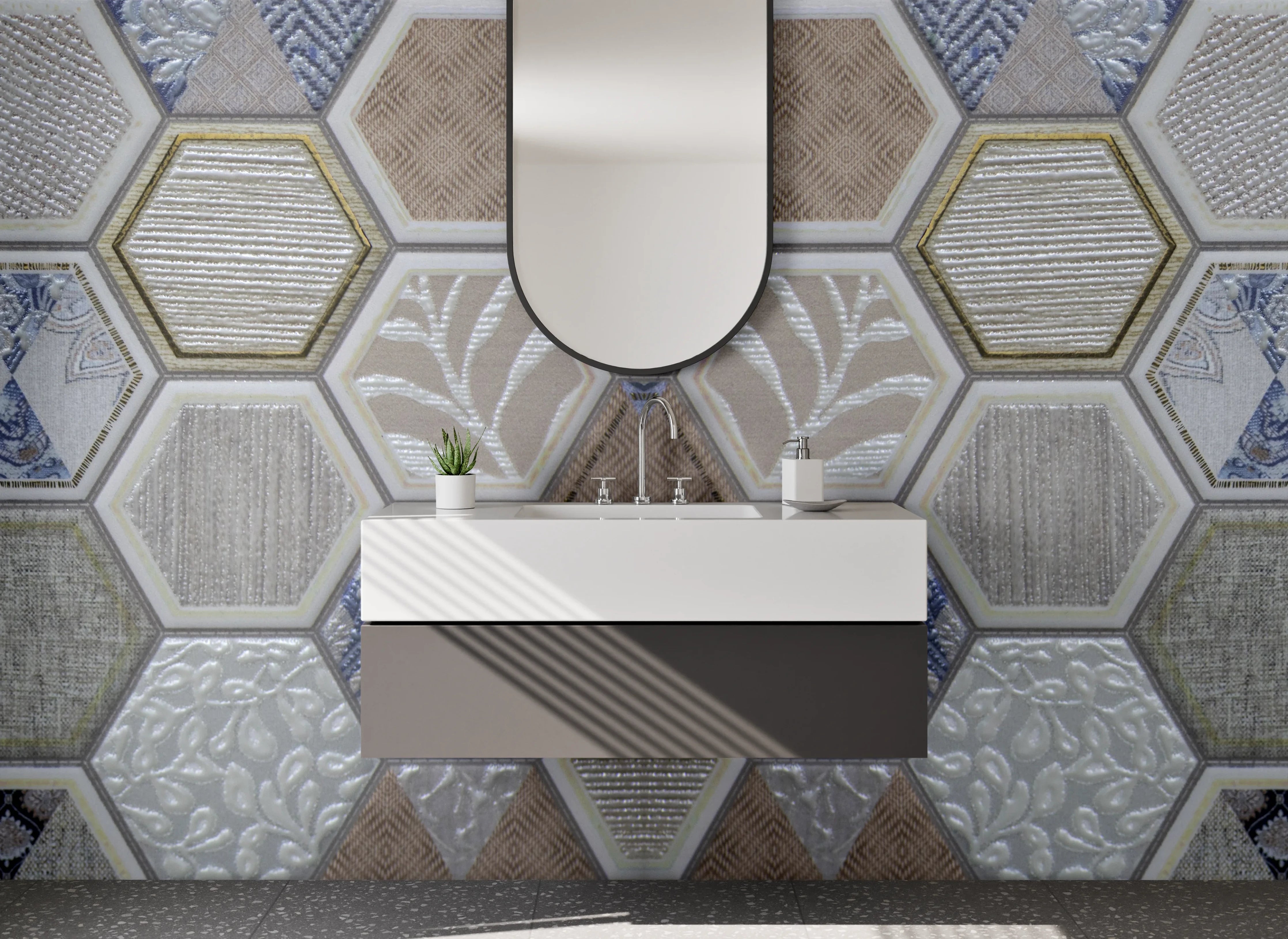 Waschbecken-Rückwand - Hexagon Mosaik Fliesen Beige Blau