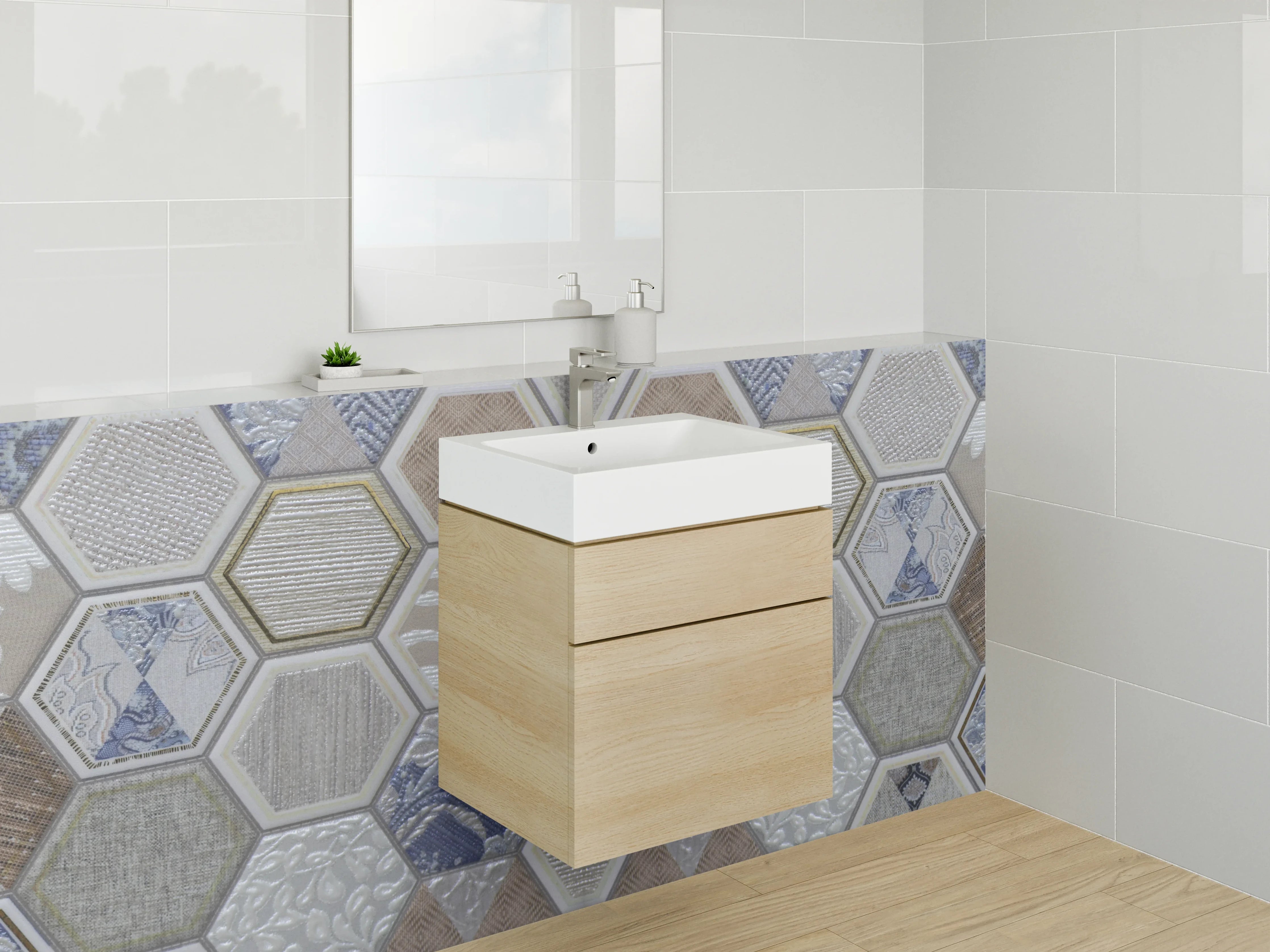 Waschbecken-Rückwand - Hexagon Mosaik Fliesen Beige Blau
