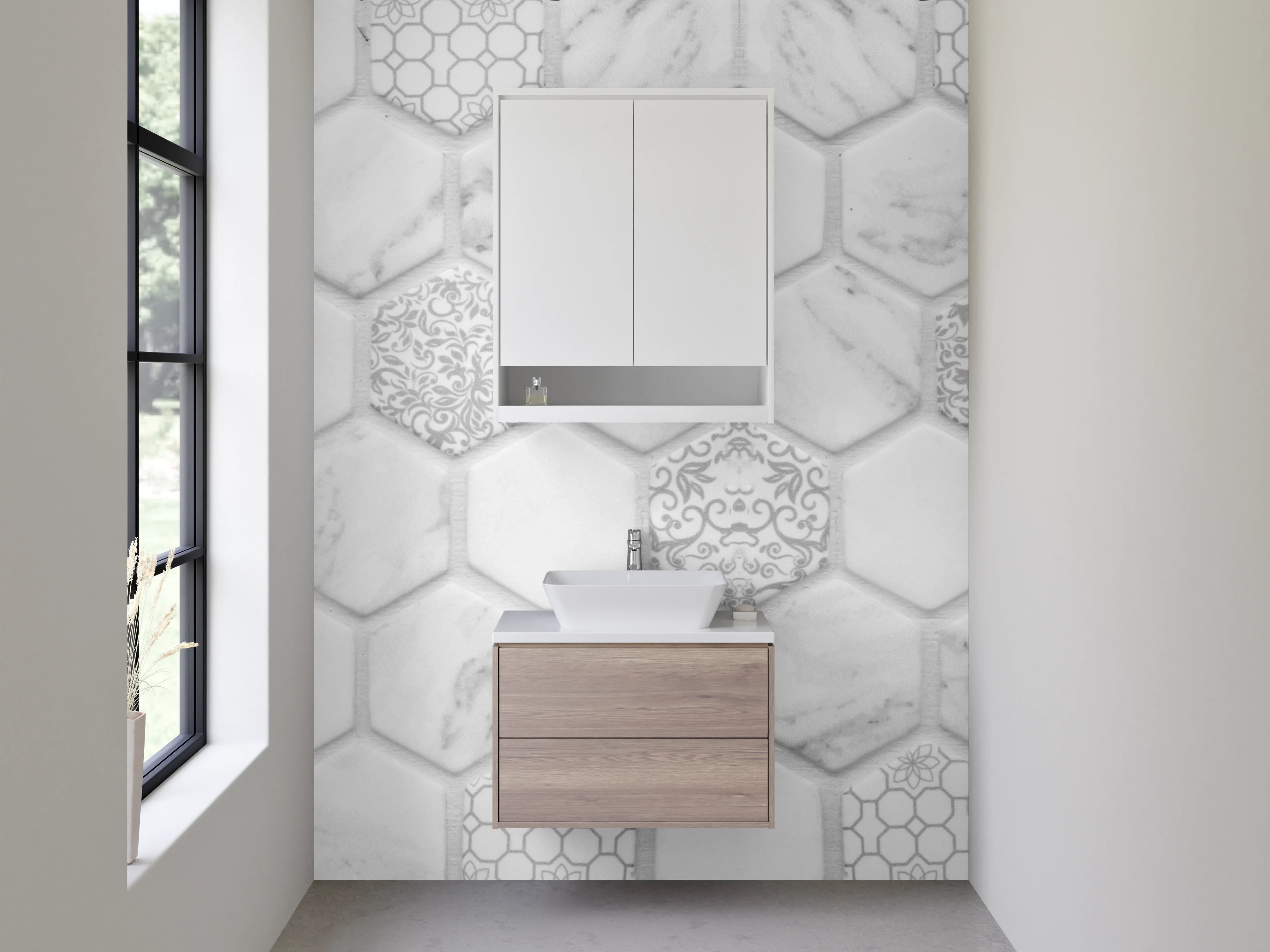 Waschbecken-Rückwand - Hexagon-Mosaik Marmor Weiß Grau