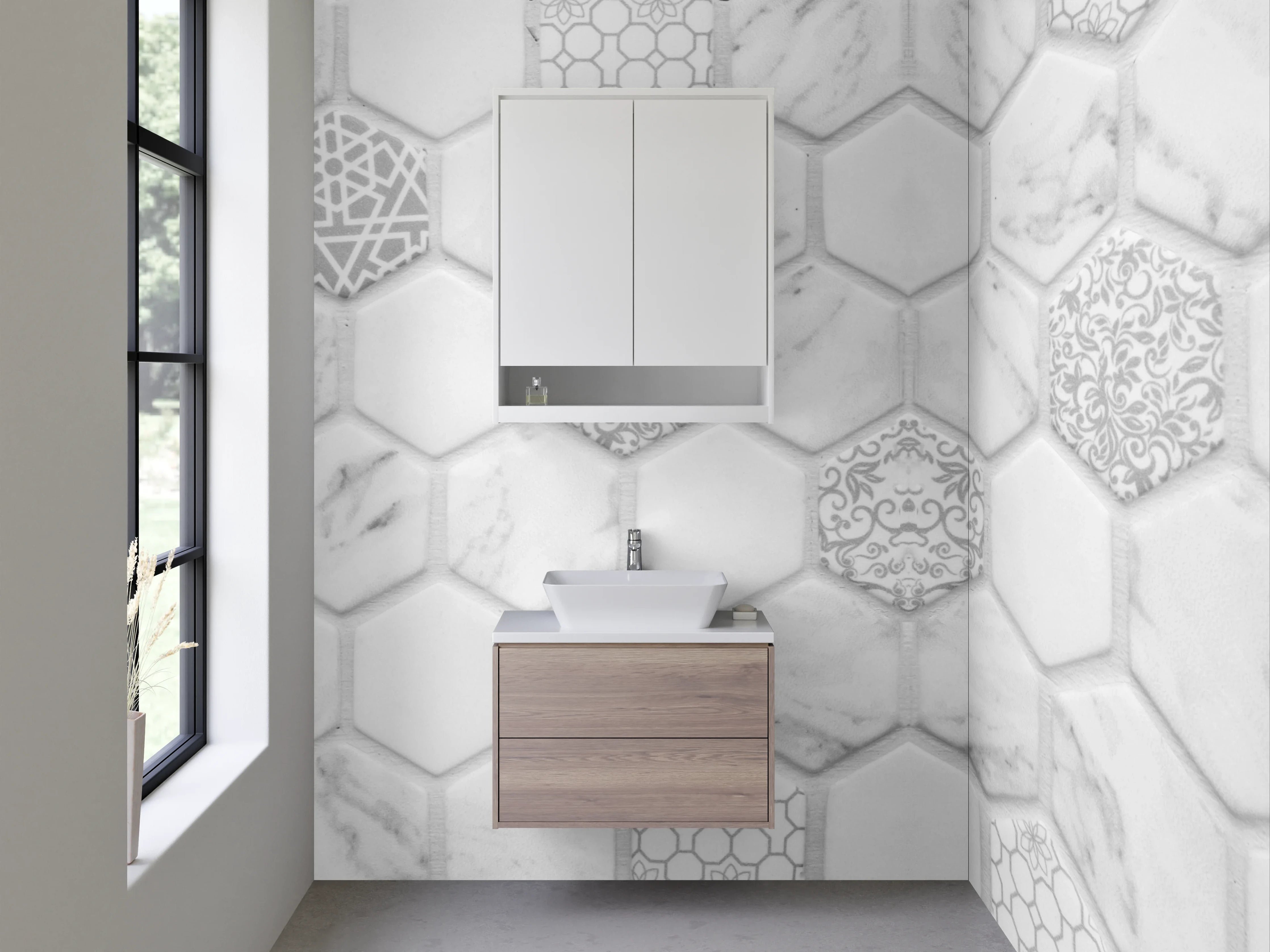 Waschbecken-Rückwand - Hexagon-Mosaik Marmor Weiß Grau