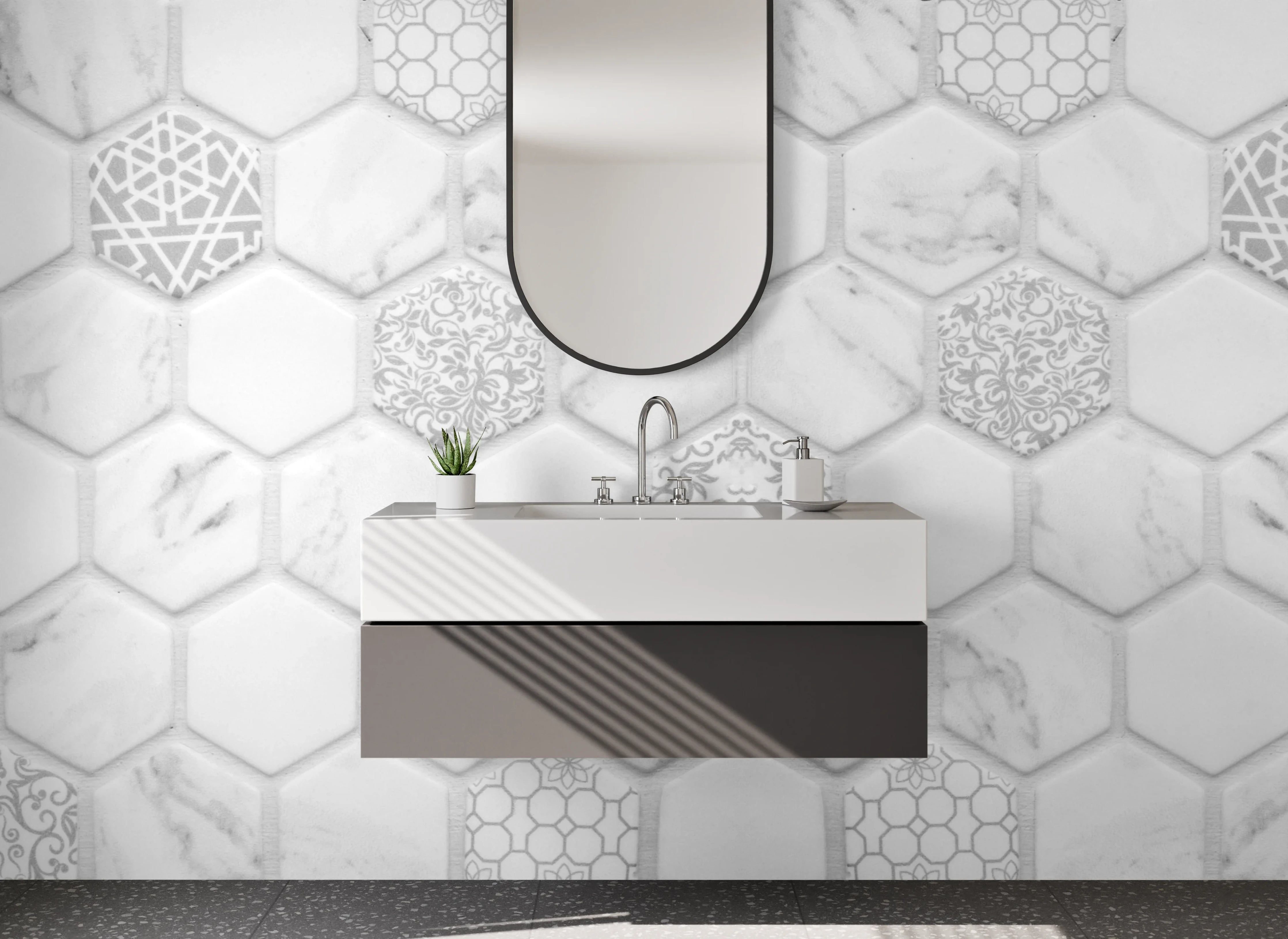 Waschbecken-Rückwand - Hexagon-Mosaik Marmor Weiß Grau