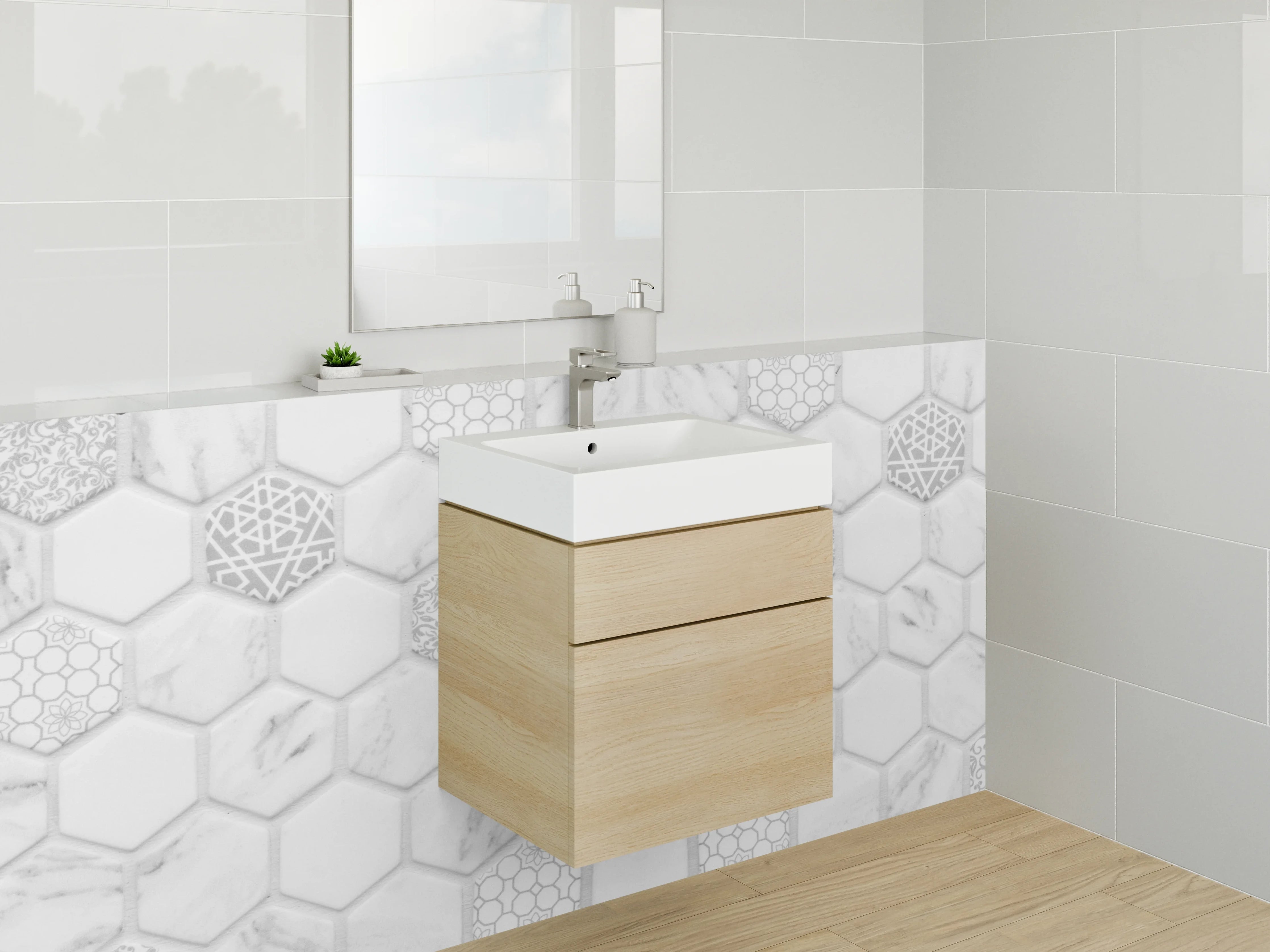 Waschbecken-Rückwand - Hexagon-Mosaik Marmor Weiß Grau