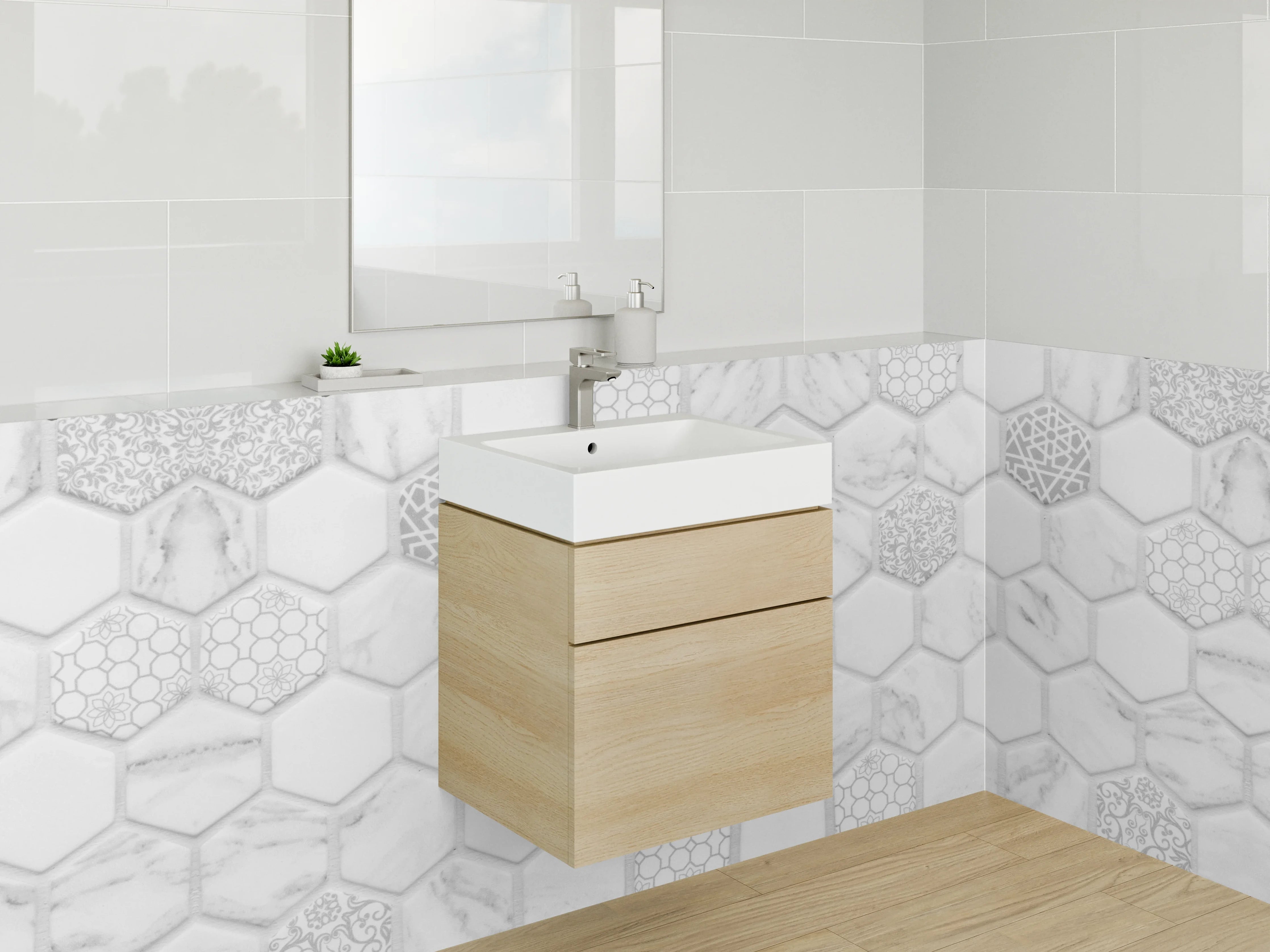 Waschbecken-Rückwand - Hexagon-Mosaik Marmor Weiß Grau