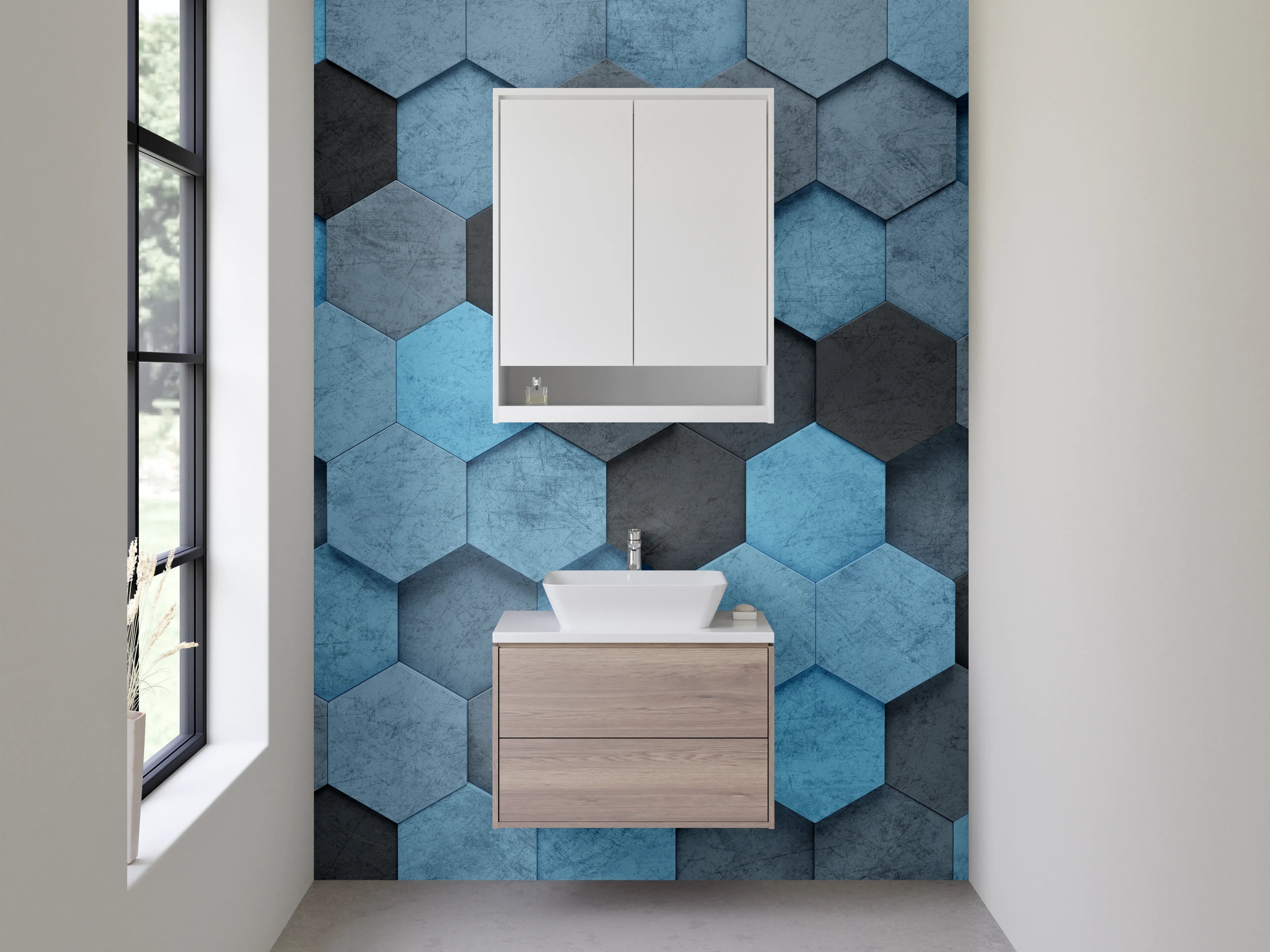 Waschbecken-Rückwand - Hexagon-Mosaik in Blau und Grau