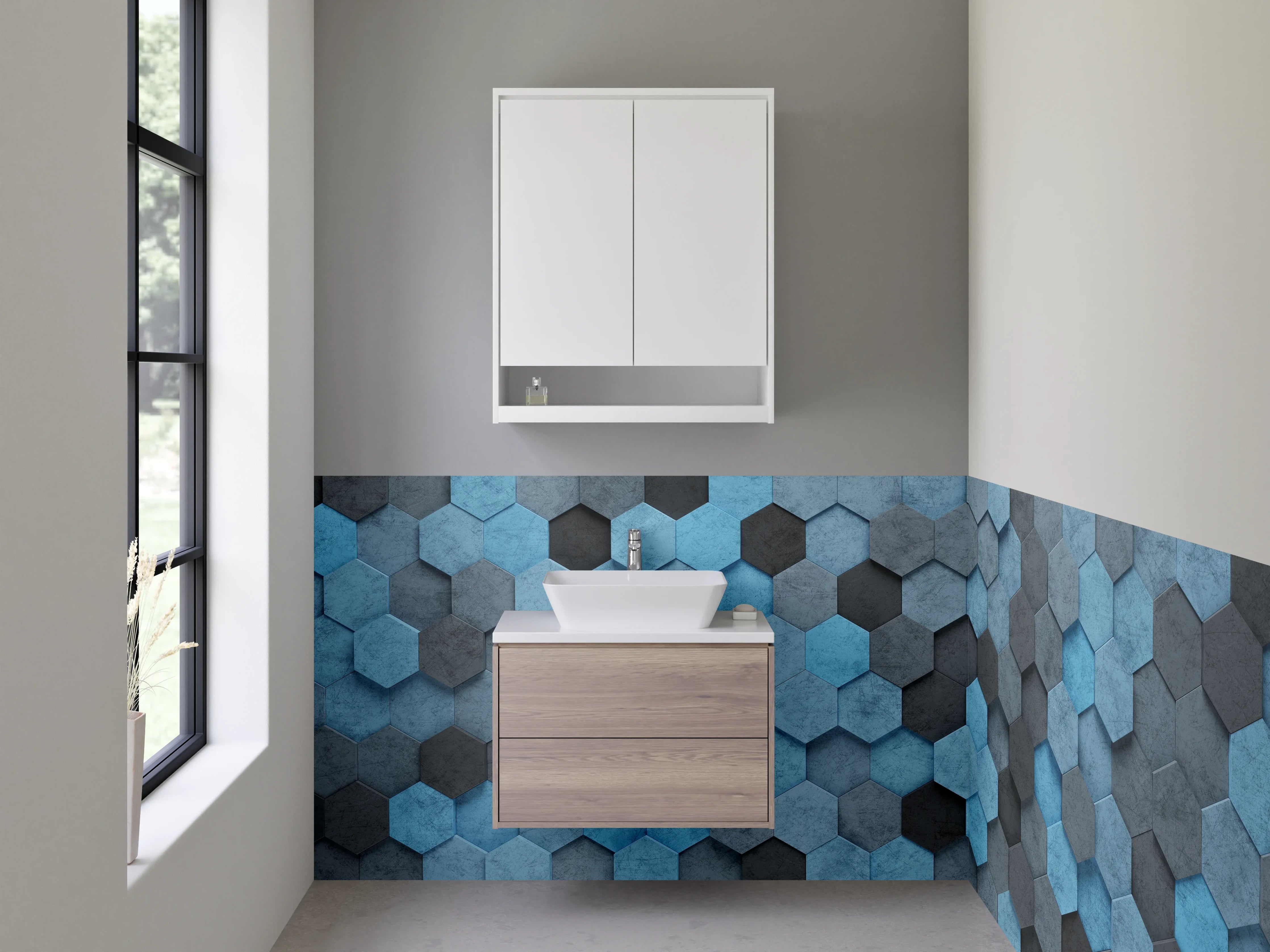 Waschbecken-Rückwand - Hexagon-Mosaik in Blau und Grau