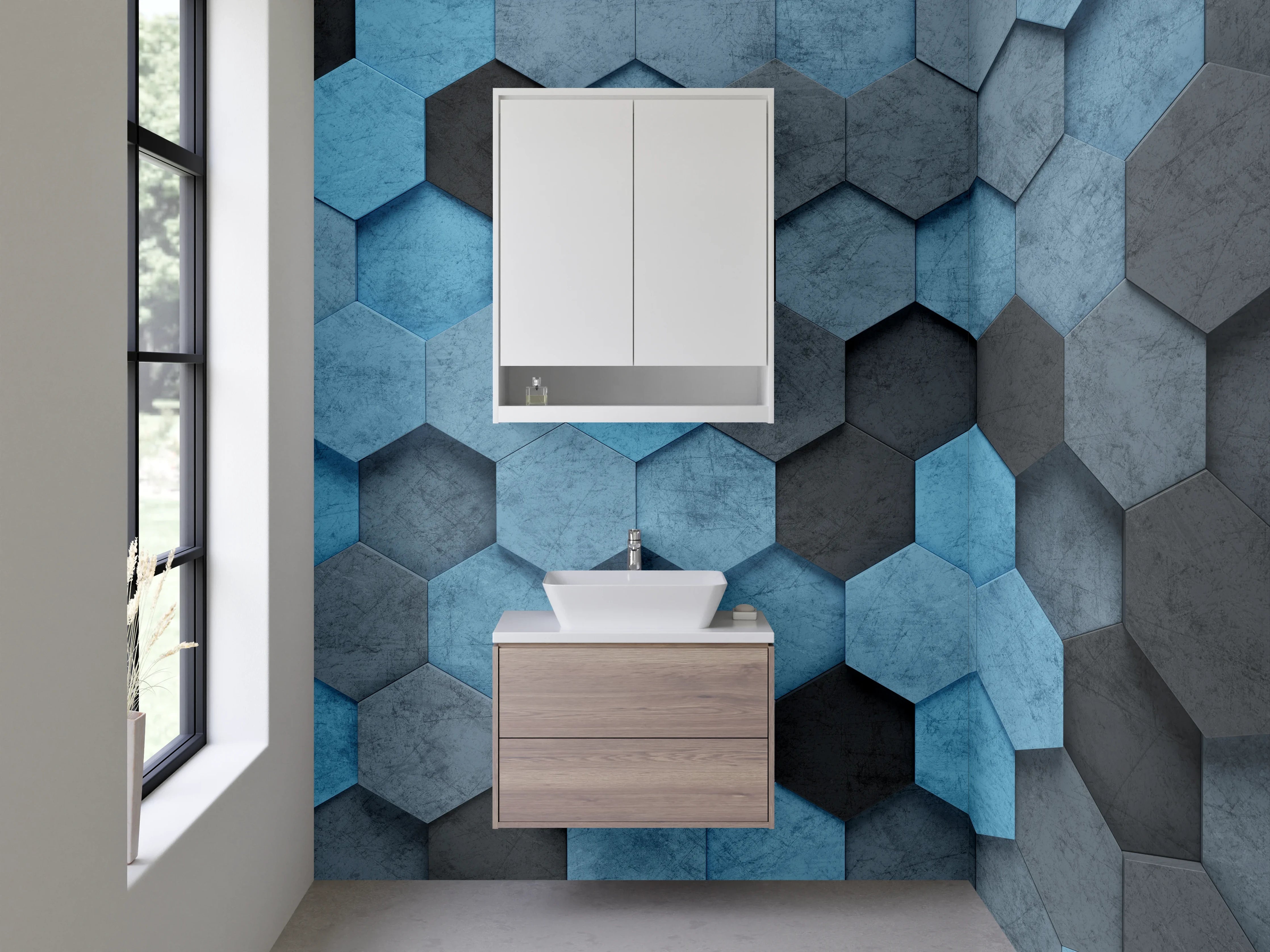 Waschbecken-Rückwand - Hexagon-Mosaik in Blau und Grau