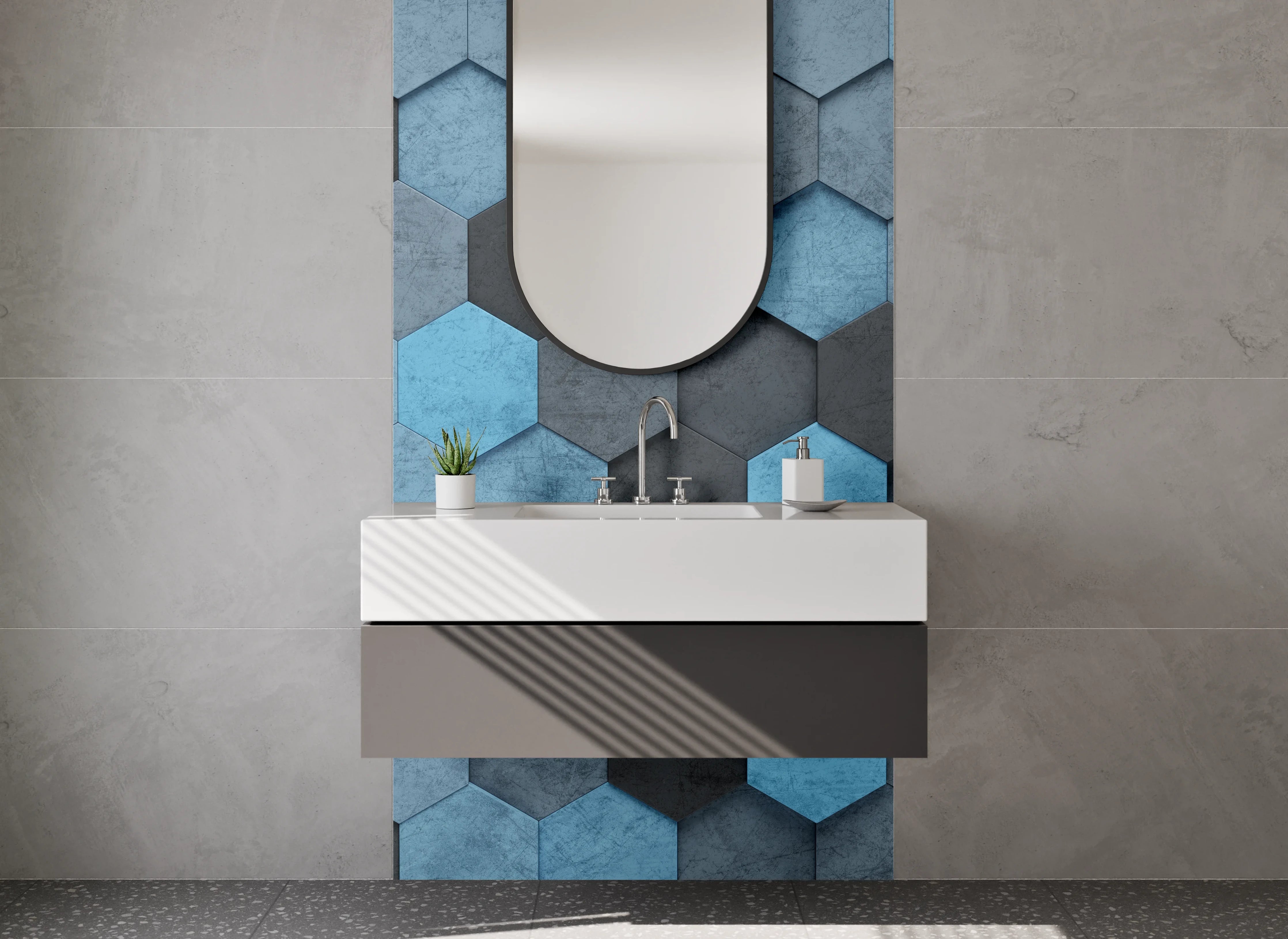 Waschbecken-Rückwand - Hexagon-Mosaik in Blau und Grau