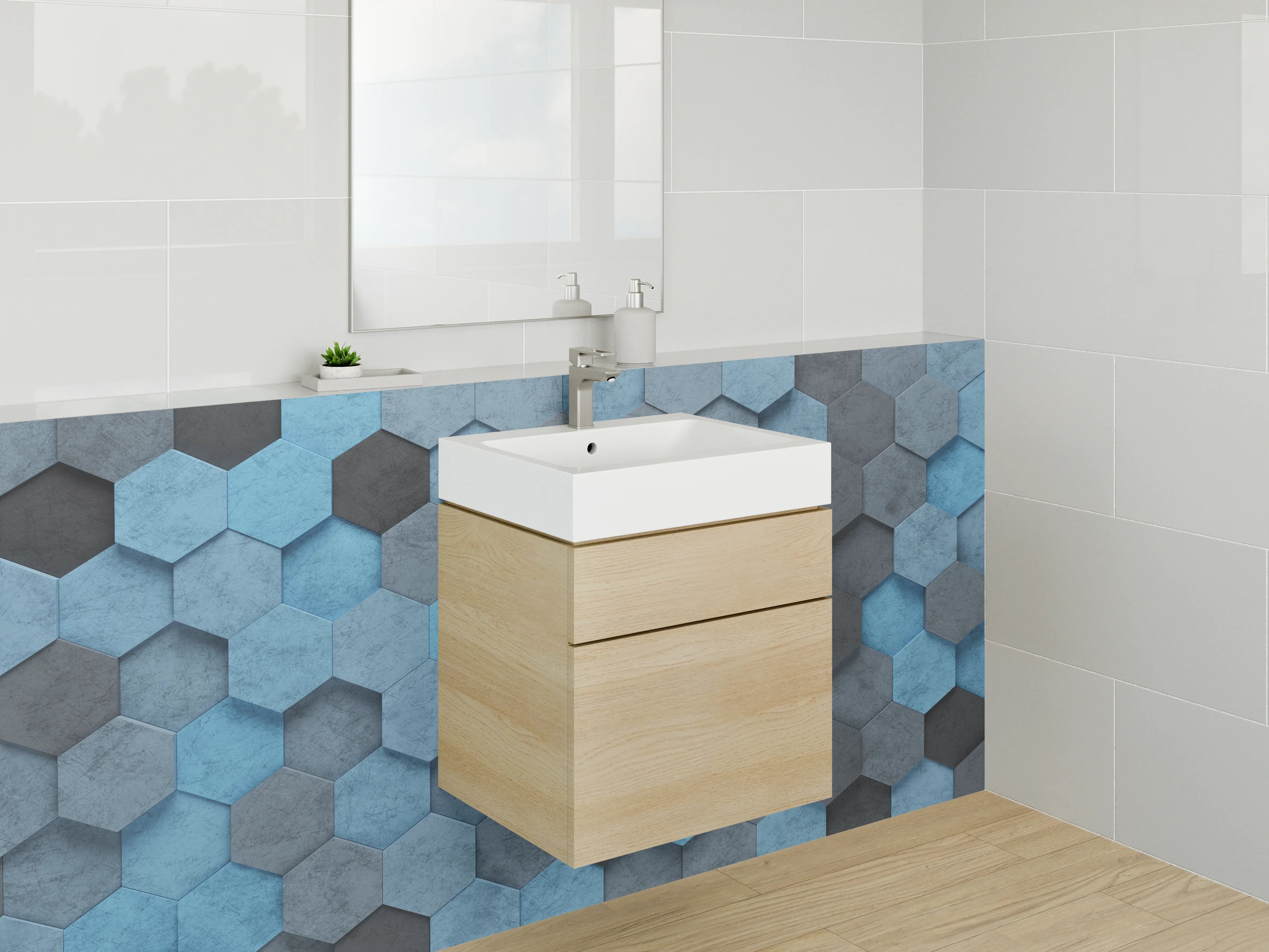 Waschbecken-Rückwand - Hexagon-Mosaik in Blau und Grau