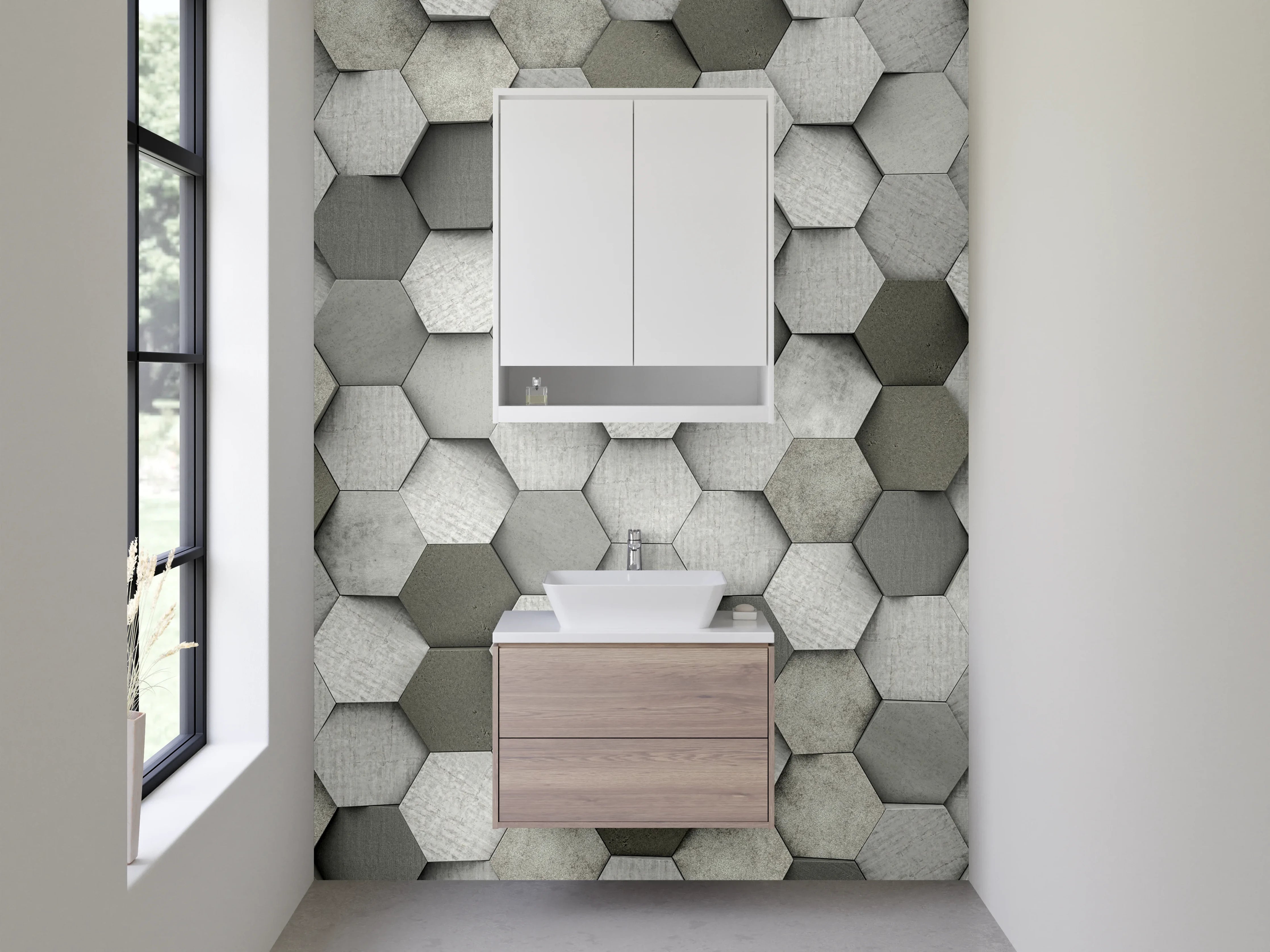Waschbecken-Rückwand - Hexagon Mosaik in Weiß und Grau
