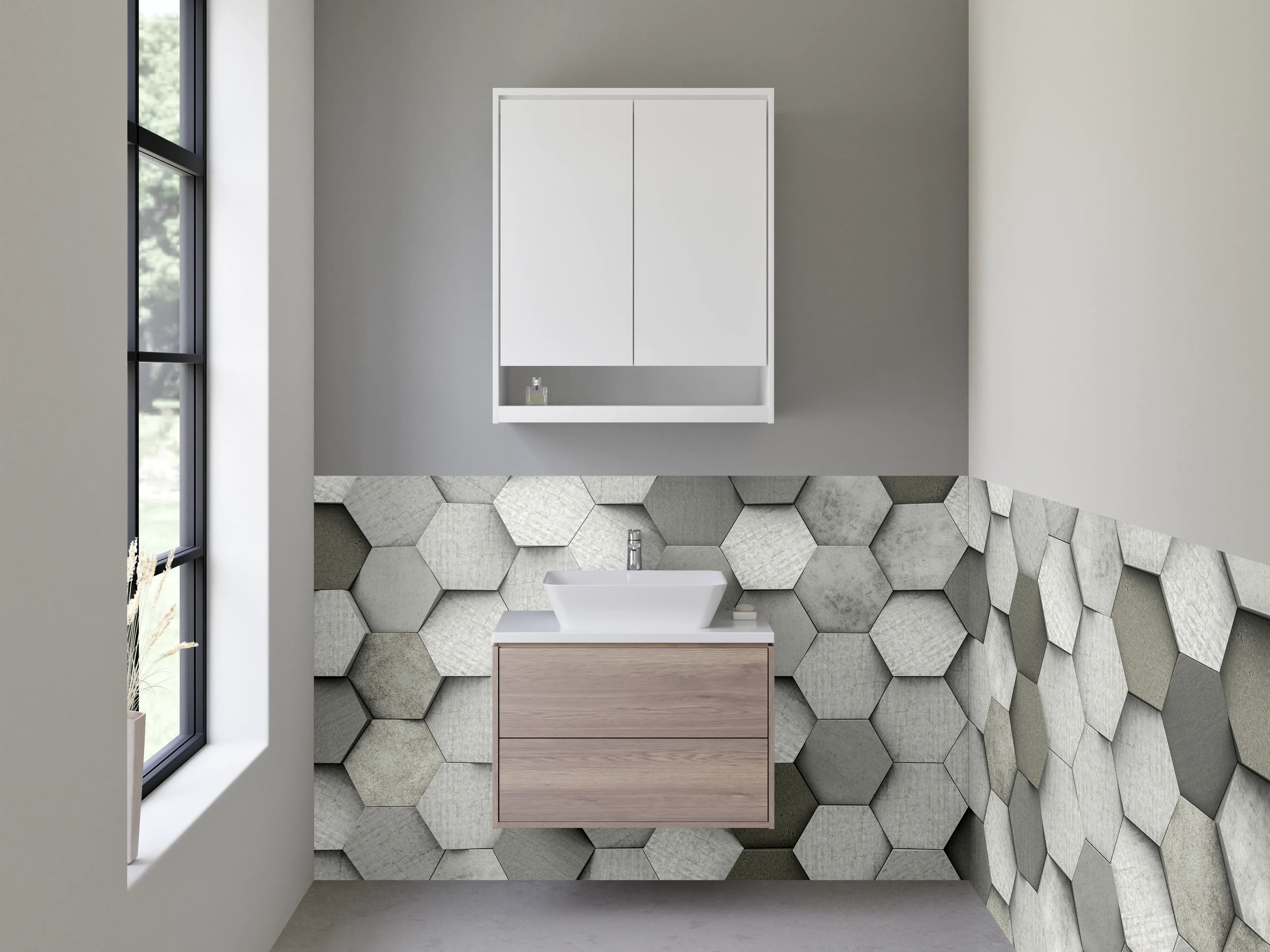 Waschbecken-Rückwand - Hexagon Mosaik in Weiß und Grau