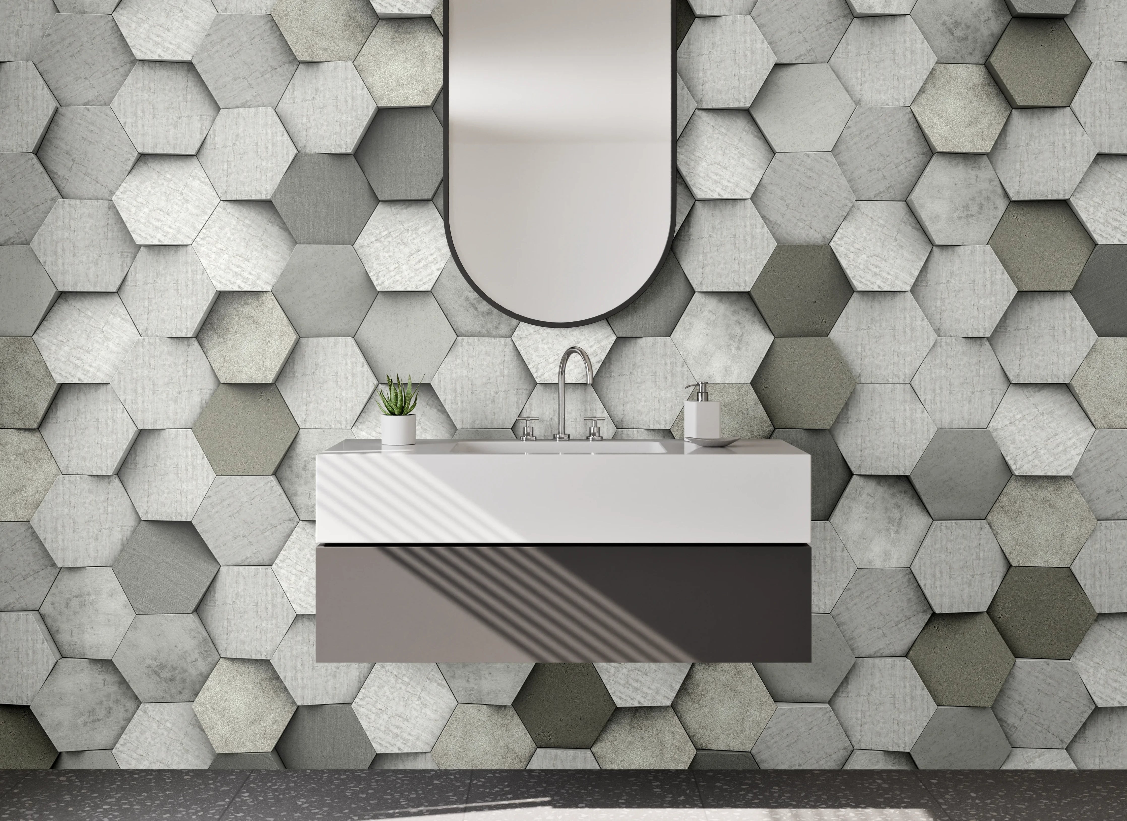 Waschbecken-Rückwand - Hexagon Mosaik in Weiß und Grau