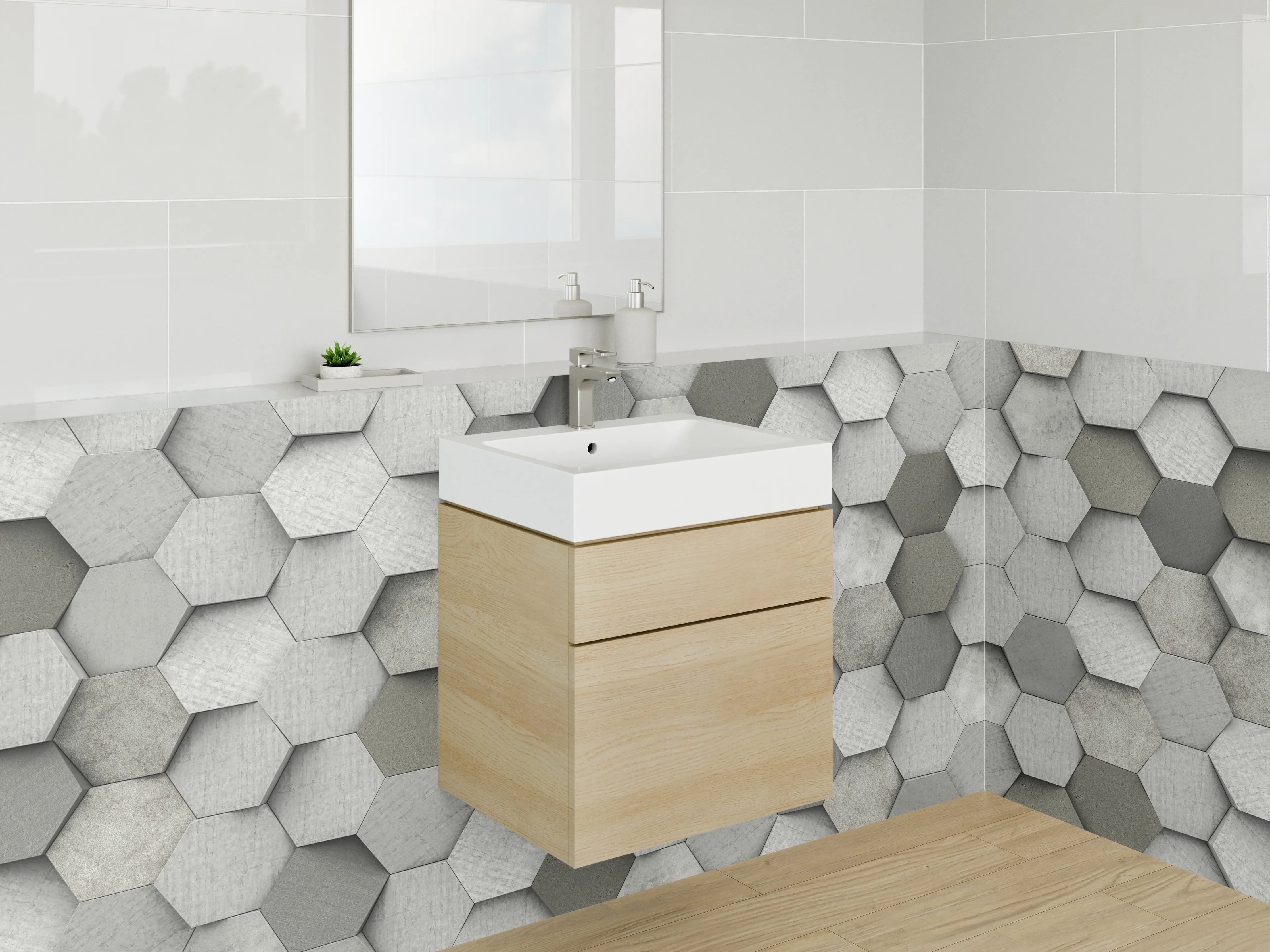 Waschbecken-Rückwand - Hexagon Mosaik in Weiß und Grau