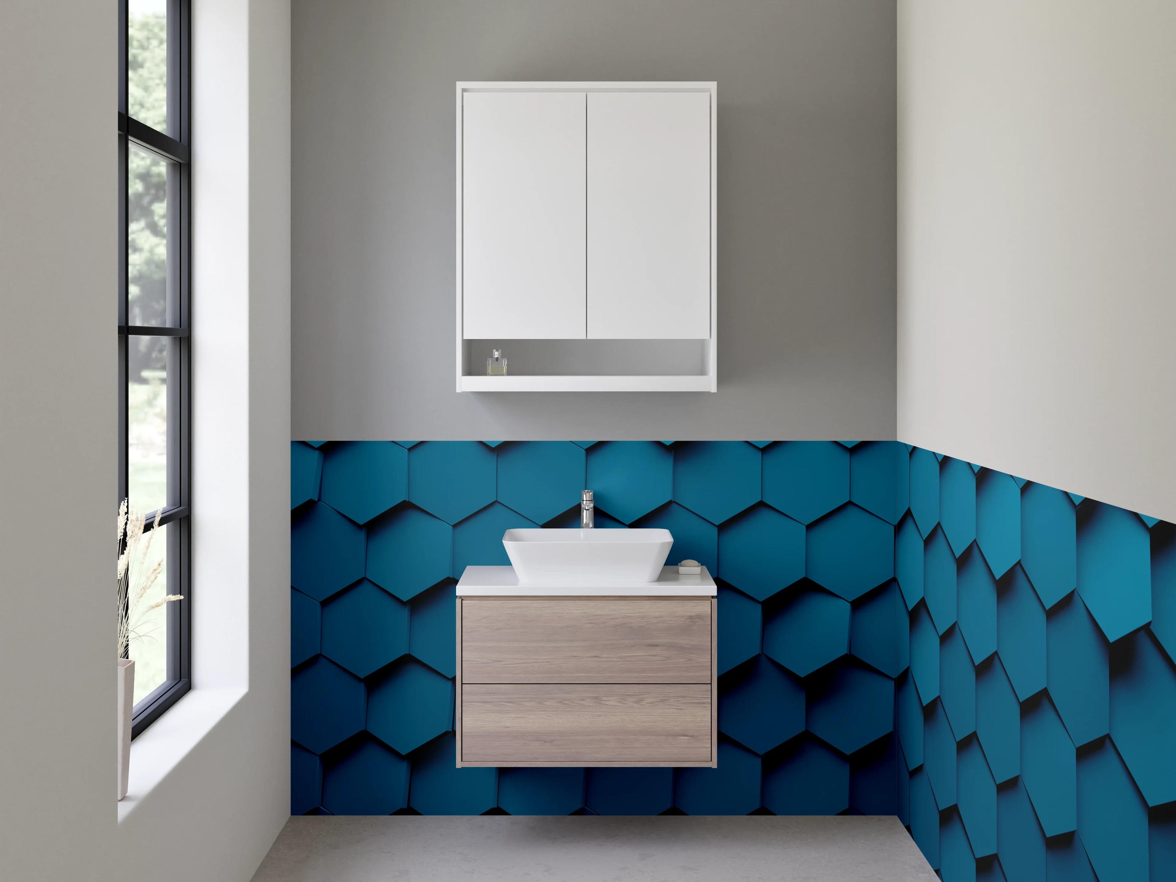 Waschbecken-Rückwand - Hexagon Muster Blau 3D Effekt