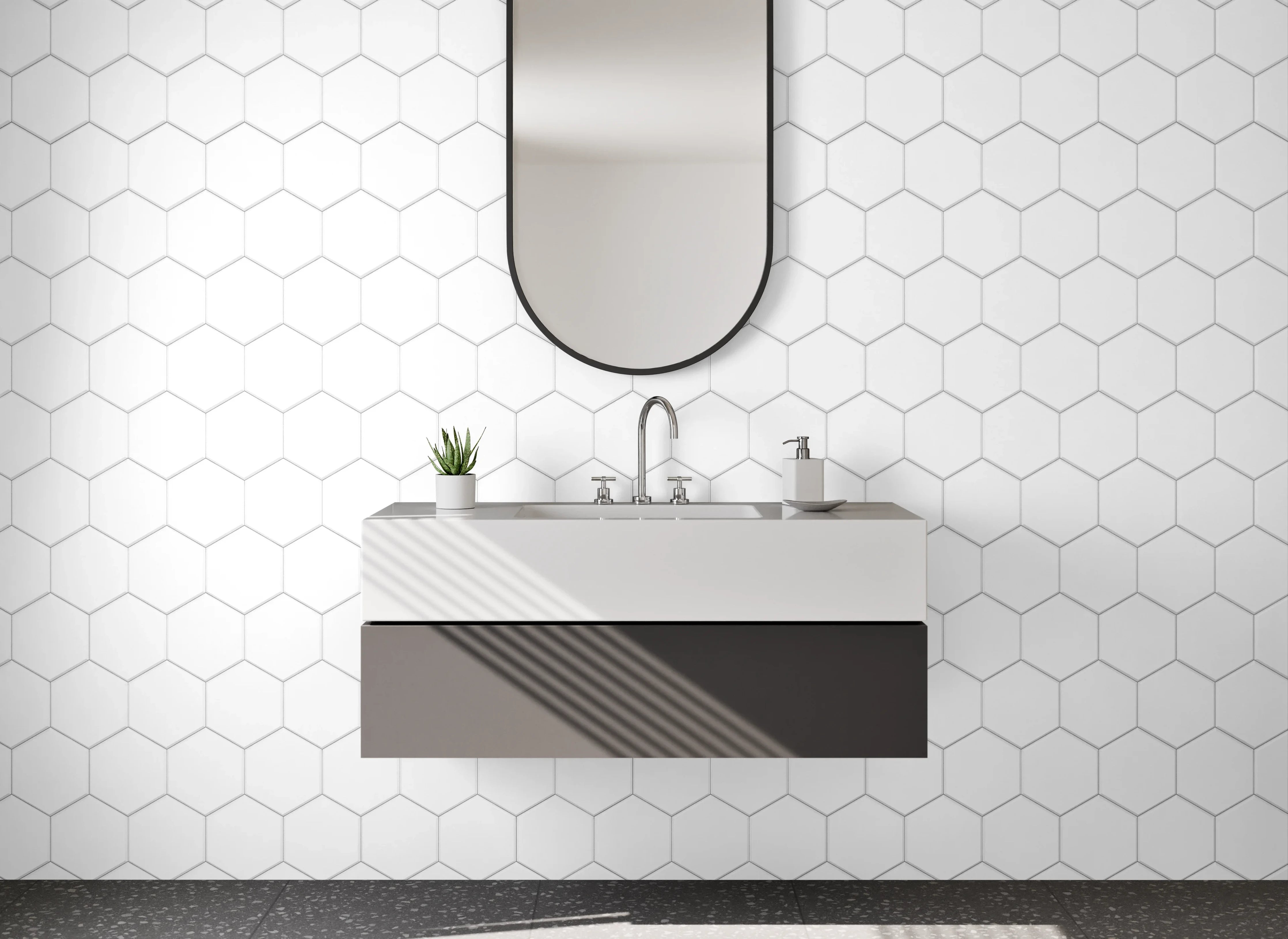 Waschbecken-Rückwand - Hexagon Muster Weiß Grau Fliesenoptik