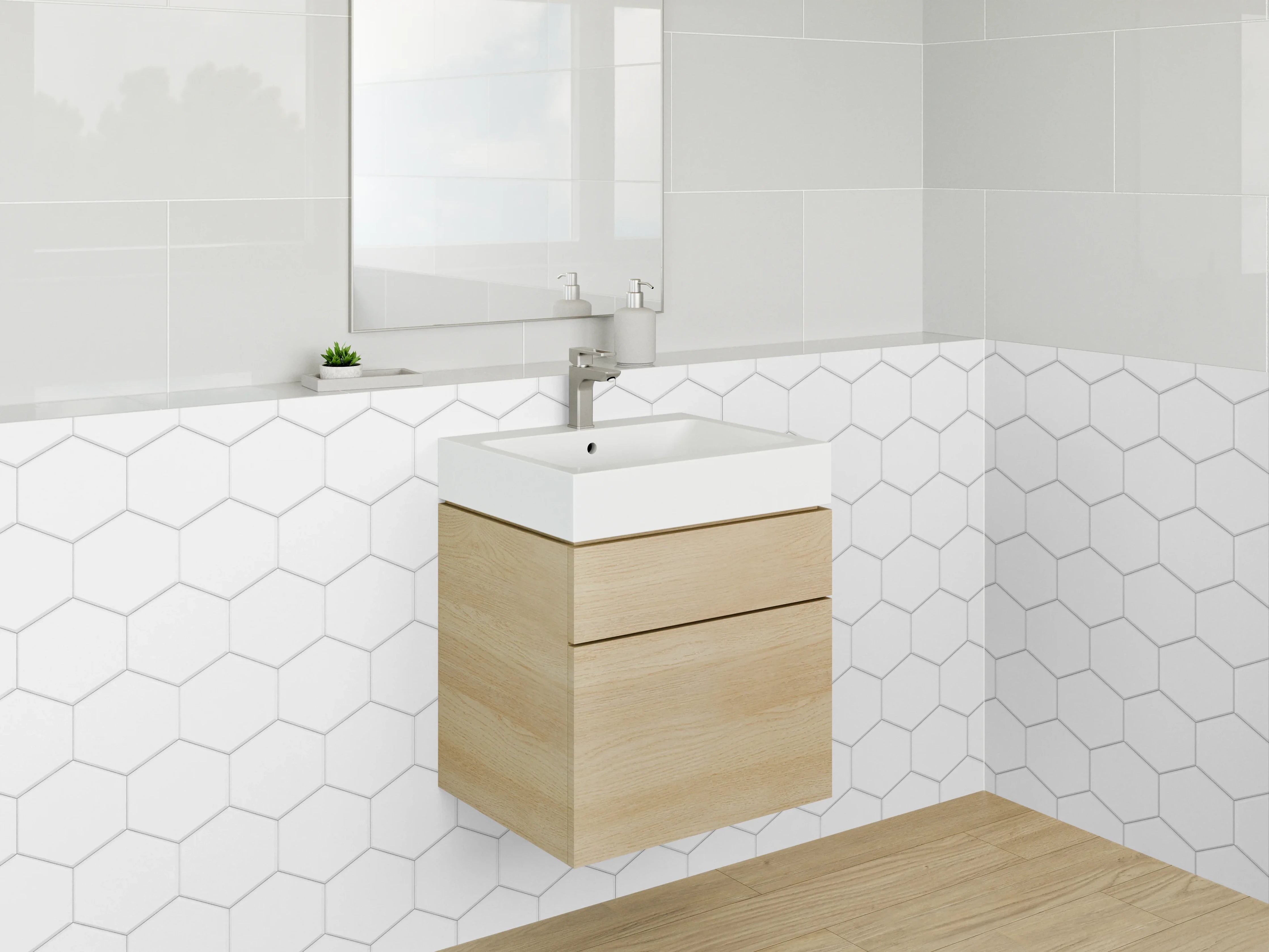 Waschbecken-Rückwand - Hexagon Muster Weiß Grau Fliesenoptik