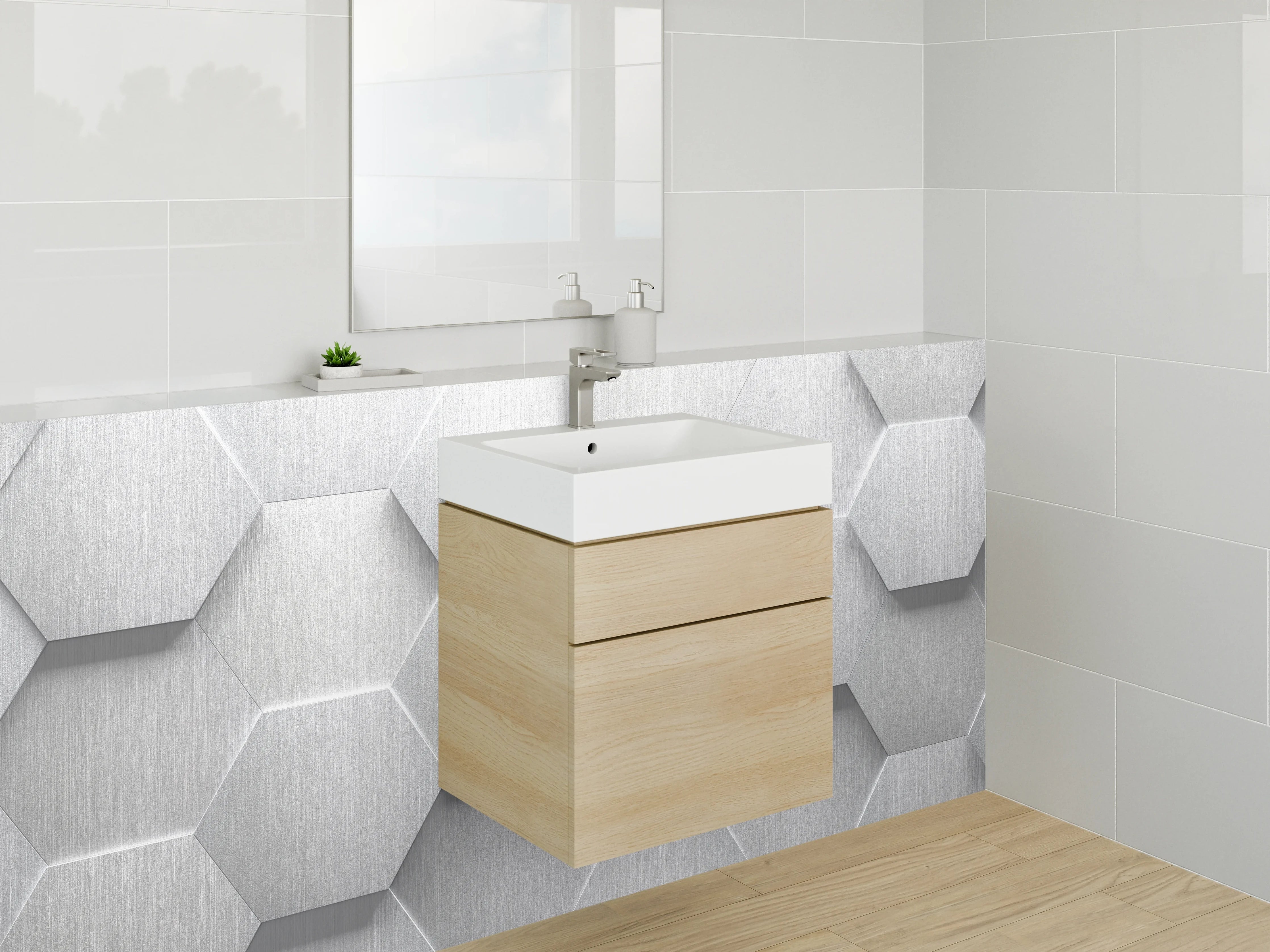 Waschbecken-Rückwand - Hexagon Muster Weiß Grau Metallic