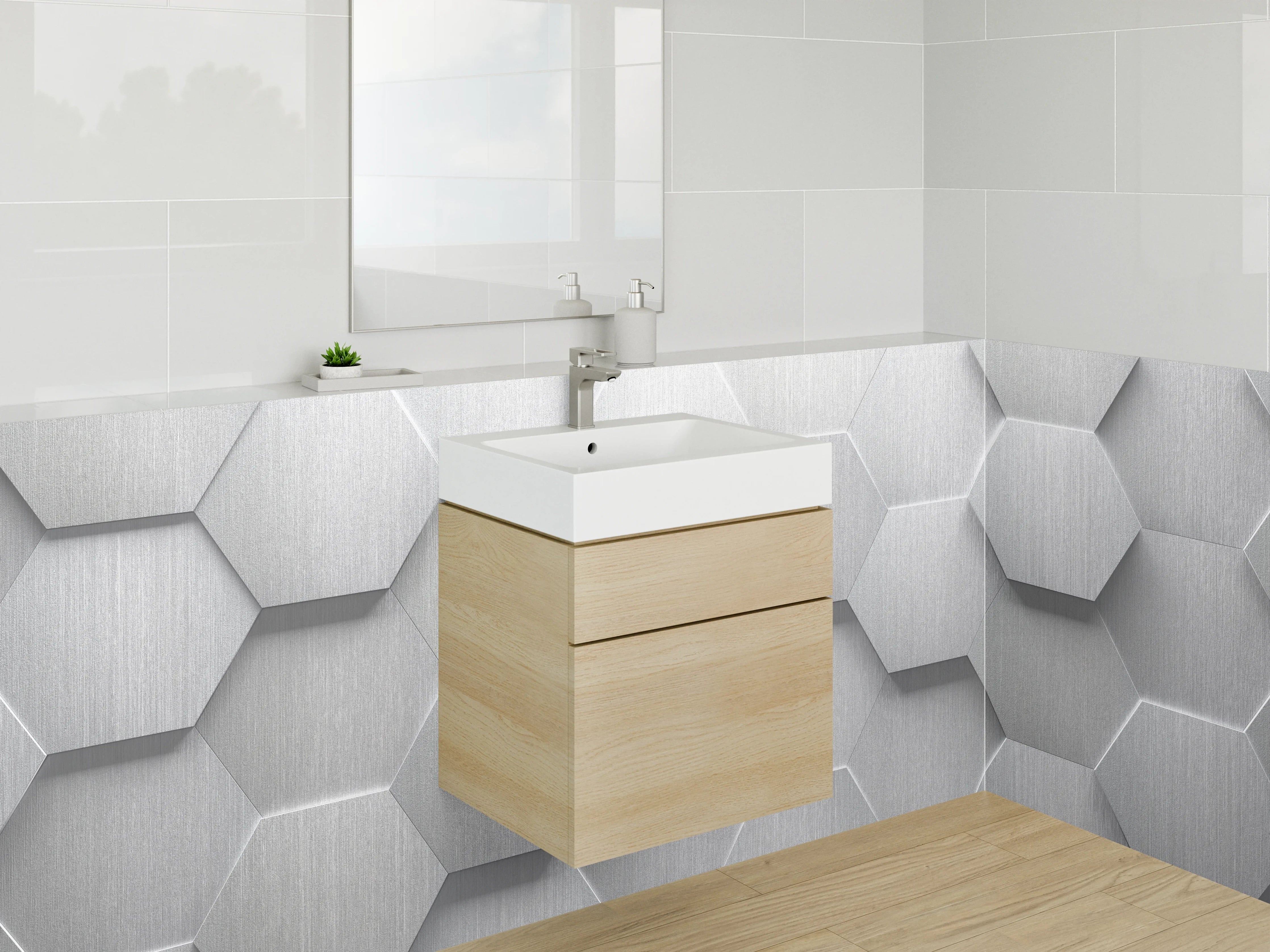 Waschbecken-Rückwand - Hexagon Muster Weiß Grau Metallic