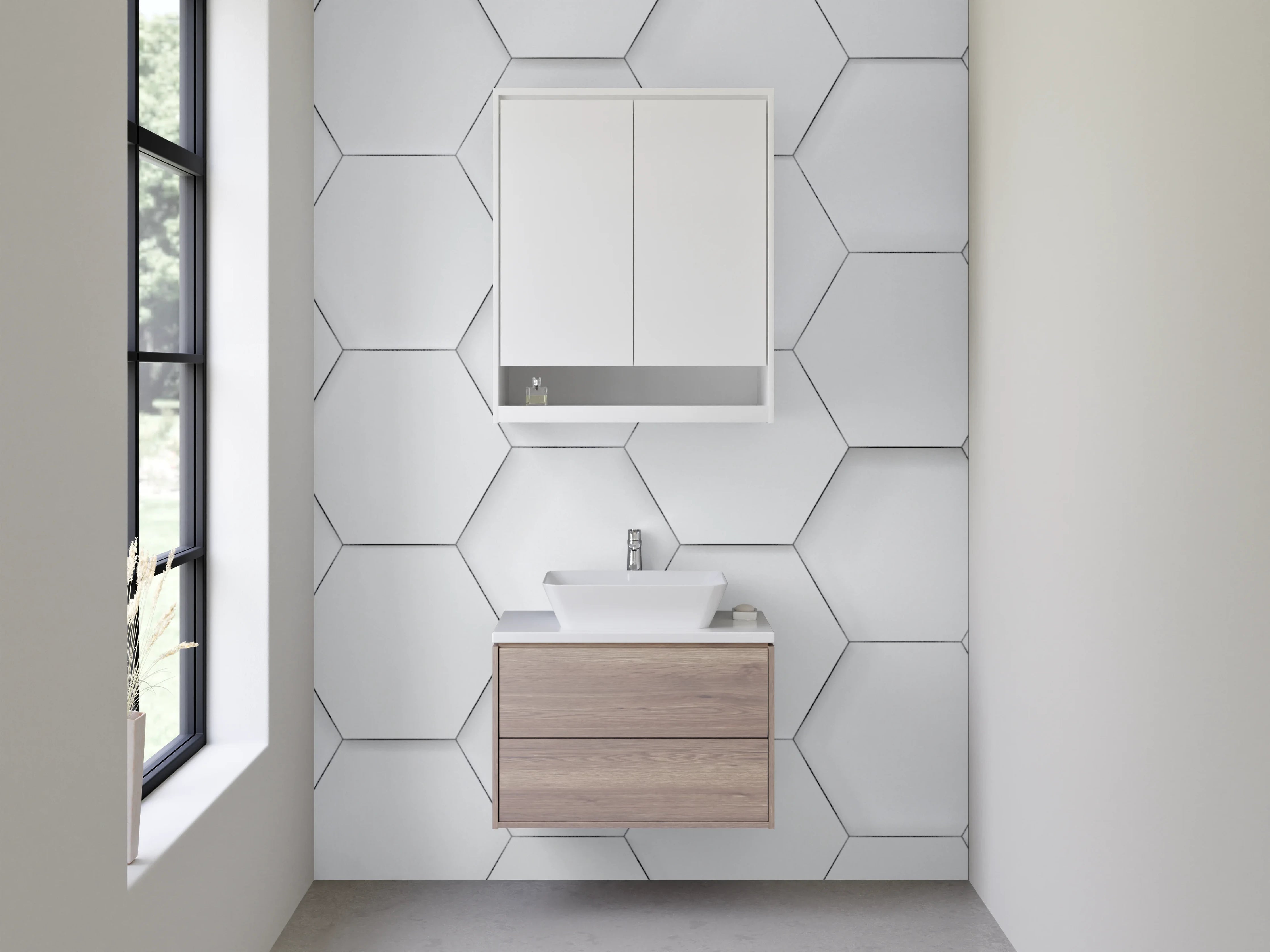 Waschbecken-Rückwand - Hexagon Muster Weiß-Grau minimalistisch