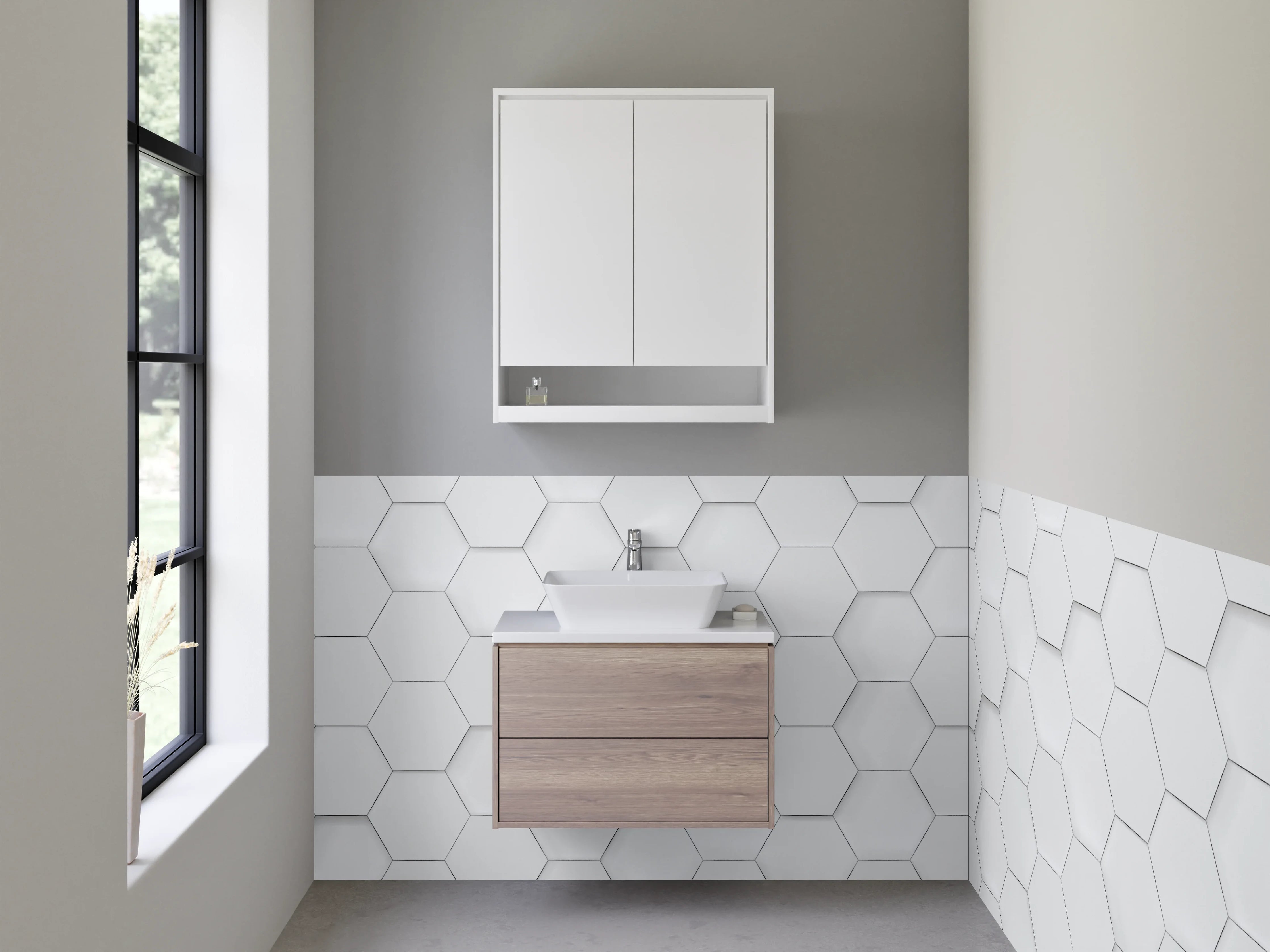Waschbecken-Rückwand - Hexagon Muster Weiß-Grau minimalistisch