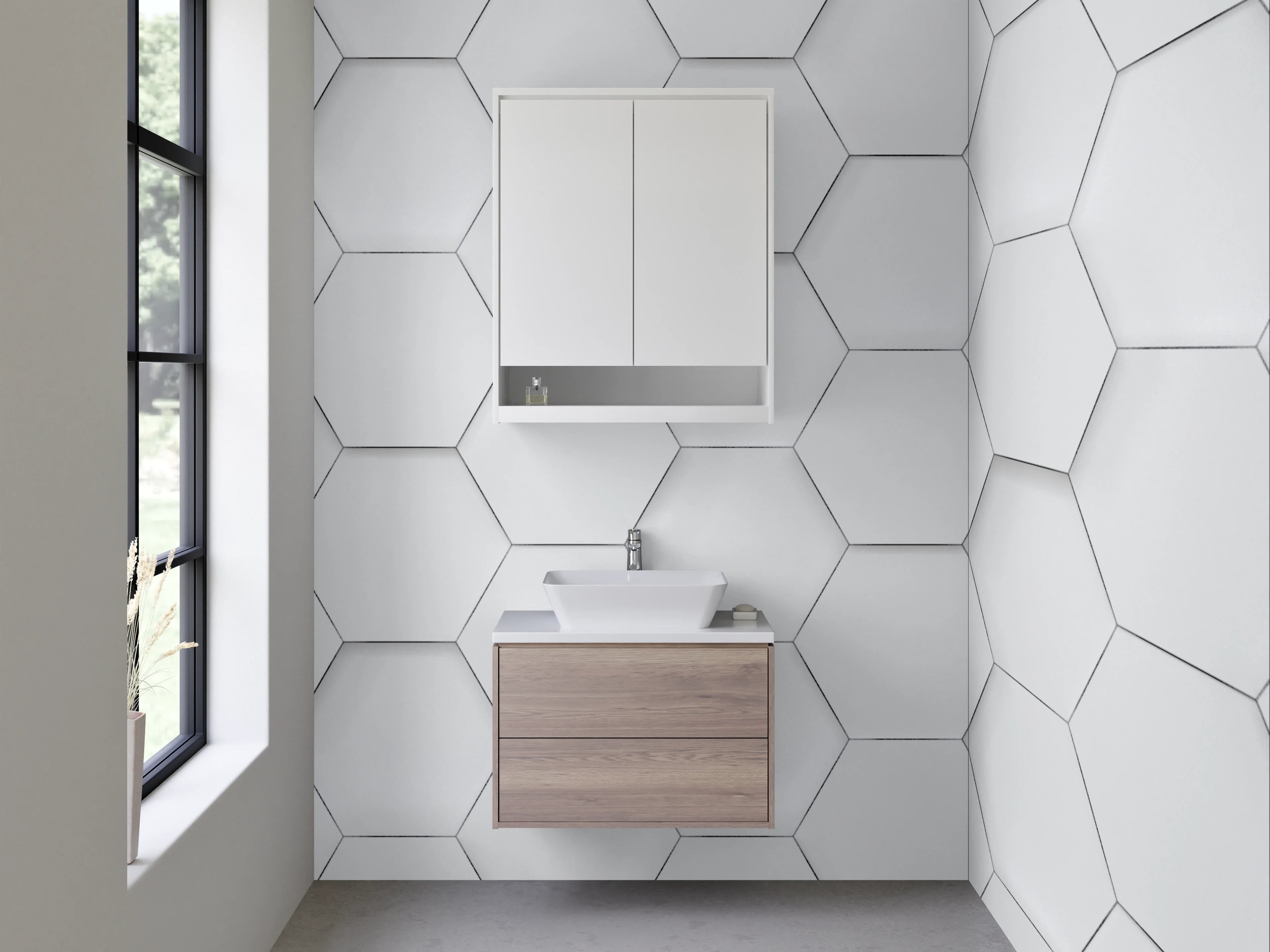 Waschbecken-Rückwand - Hexagon Muster Weiß-Grau minimalistisch