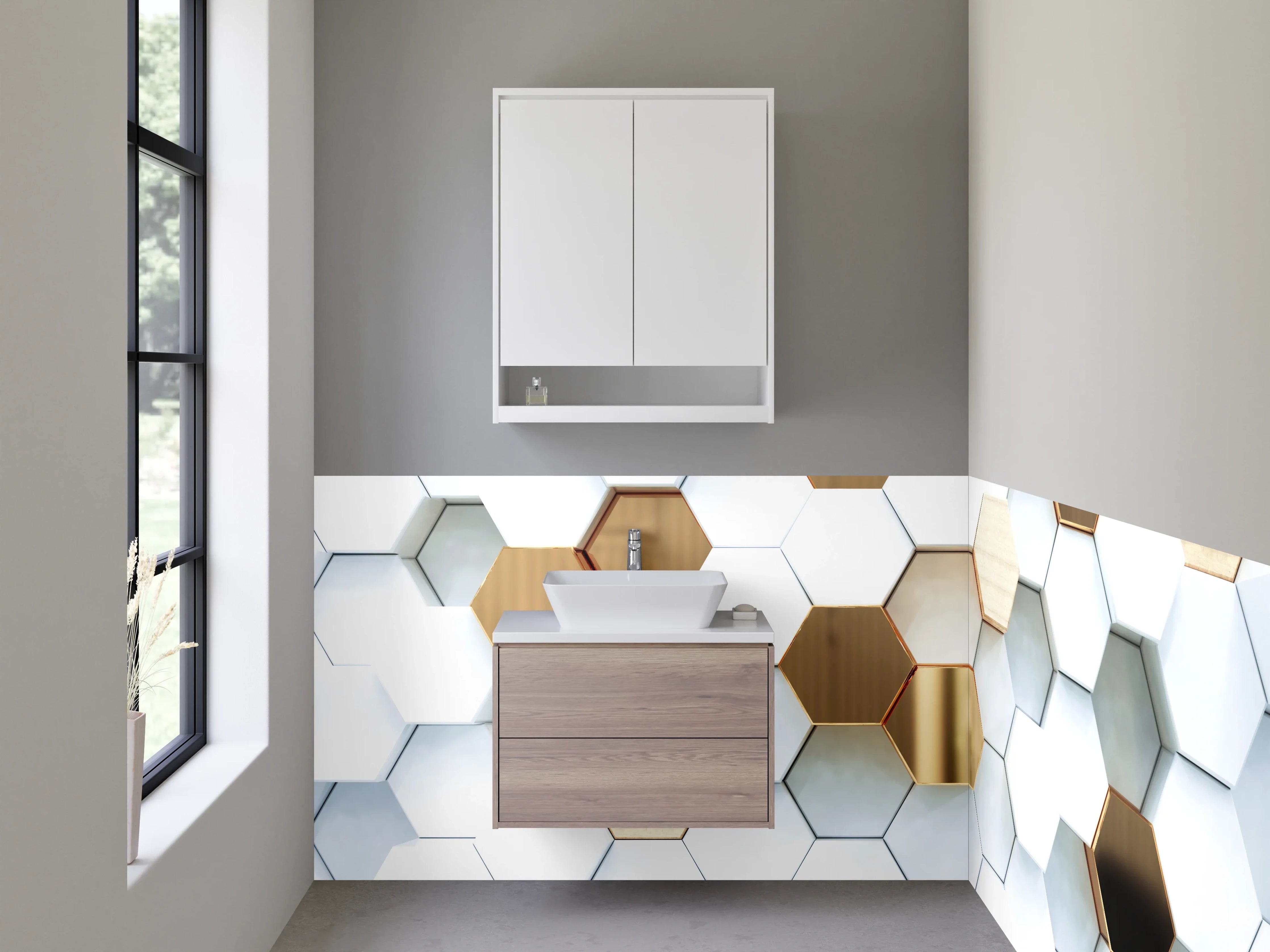 Waschbecken-Rückwand - Hexagon-Muster in Marmor und Gold