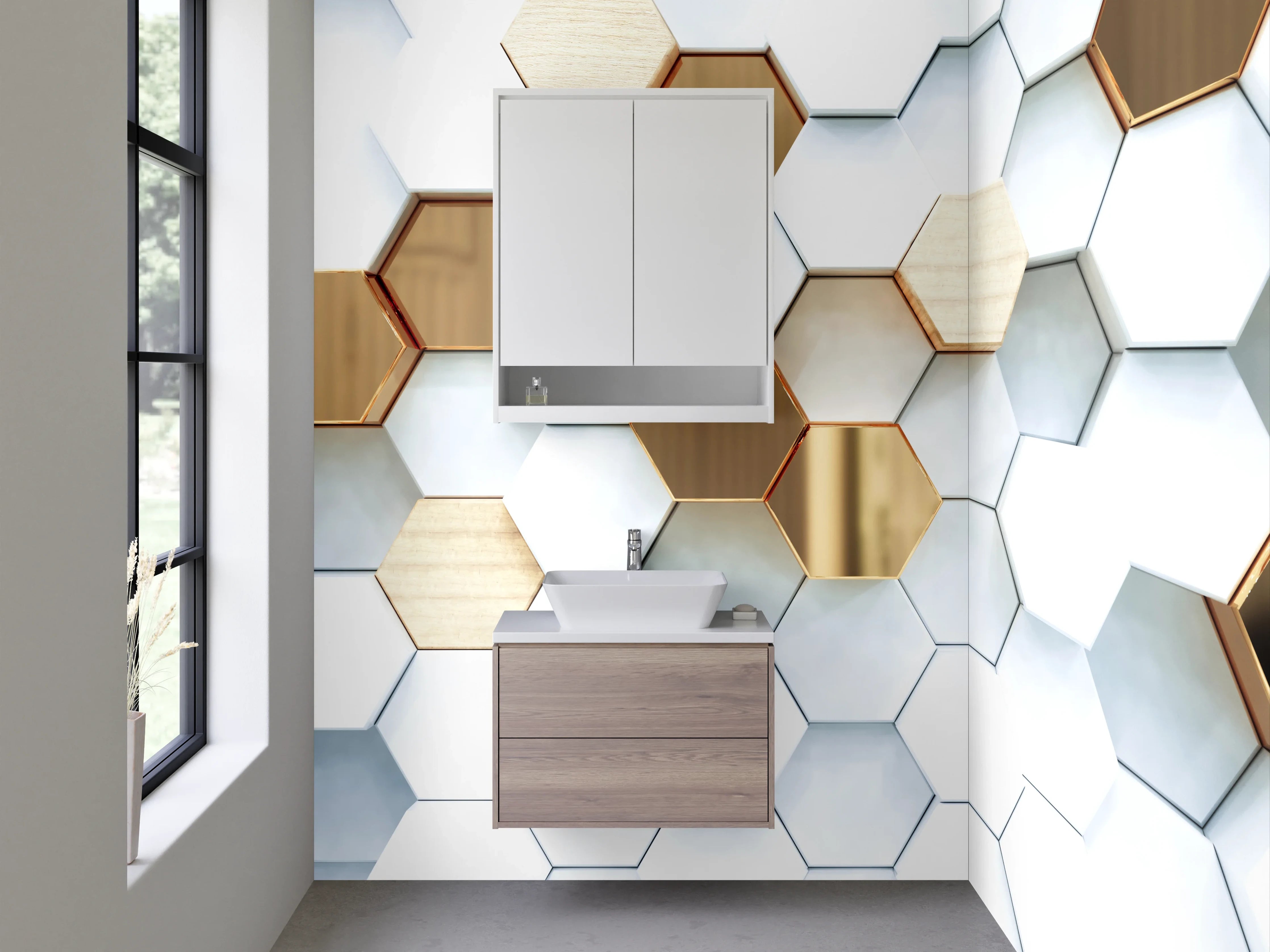 Waschbecken-Rückwand - Hexagon-Muster in Marmor und Gold