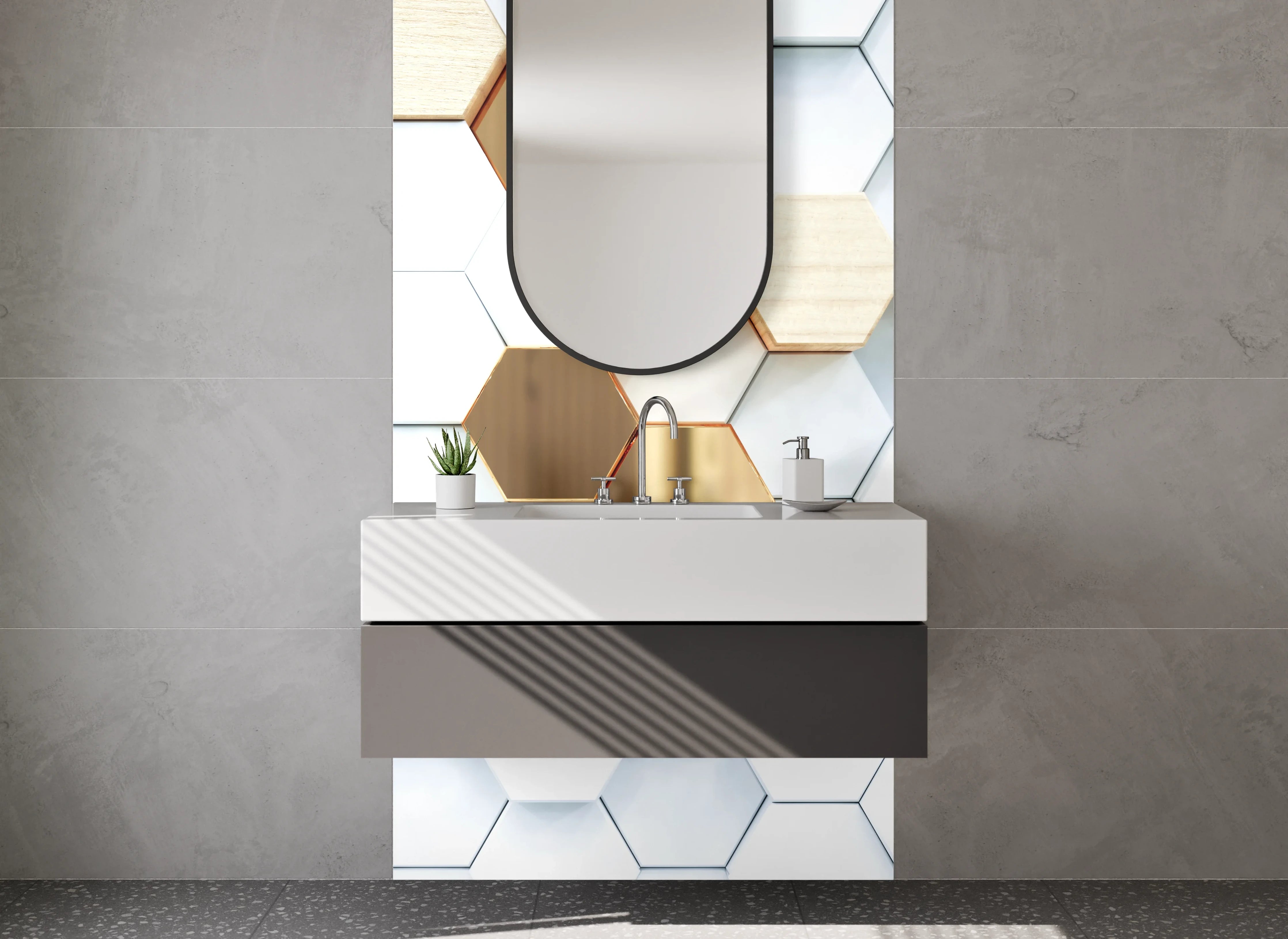 Waschbecken-Rückwand - Hexagon-Muster in Marmor und Gold