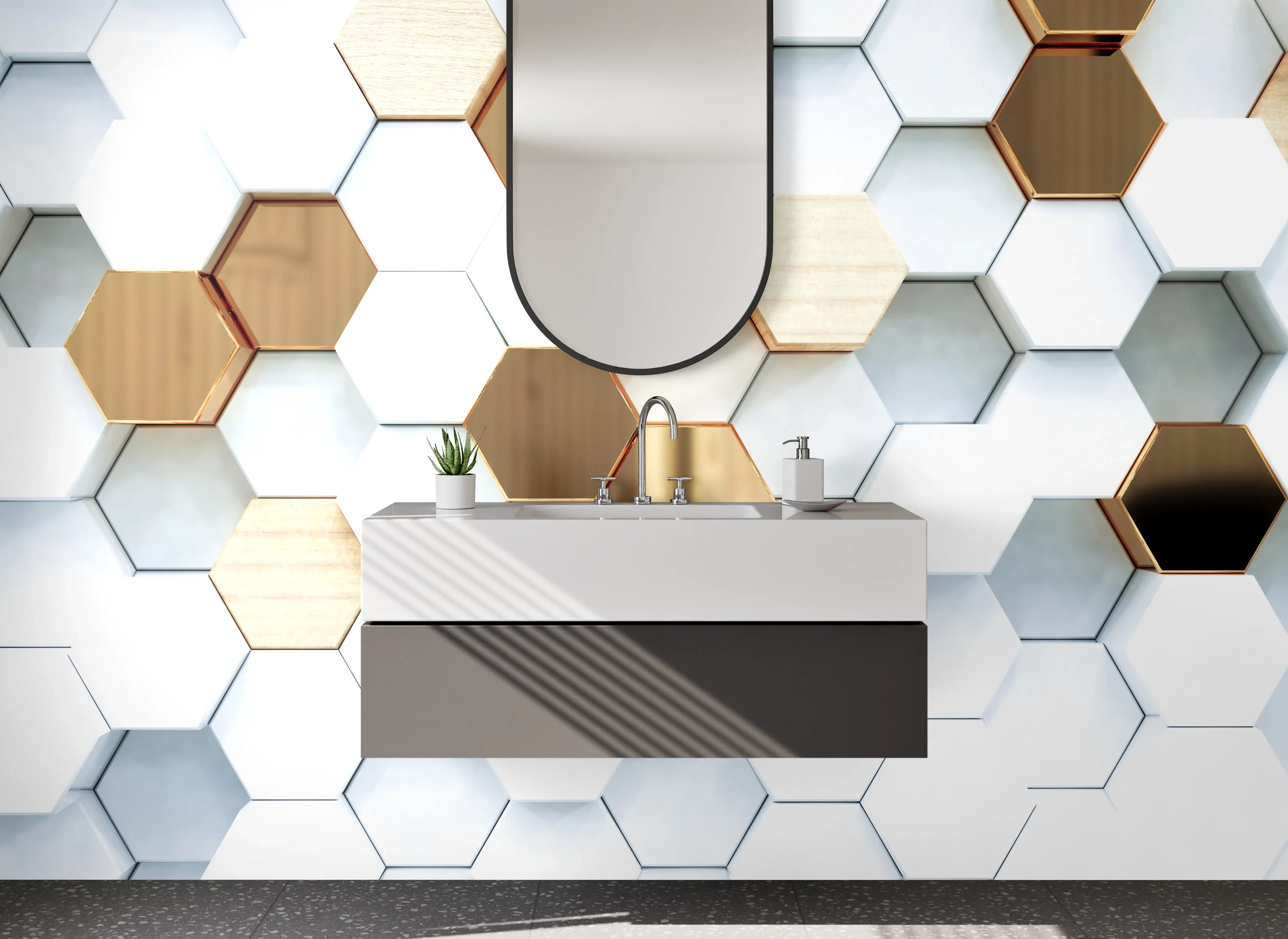 Waschbecken-Rückwand - Hexagon-Muster in Marmor und Gold