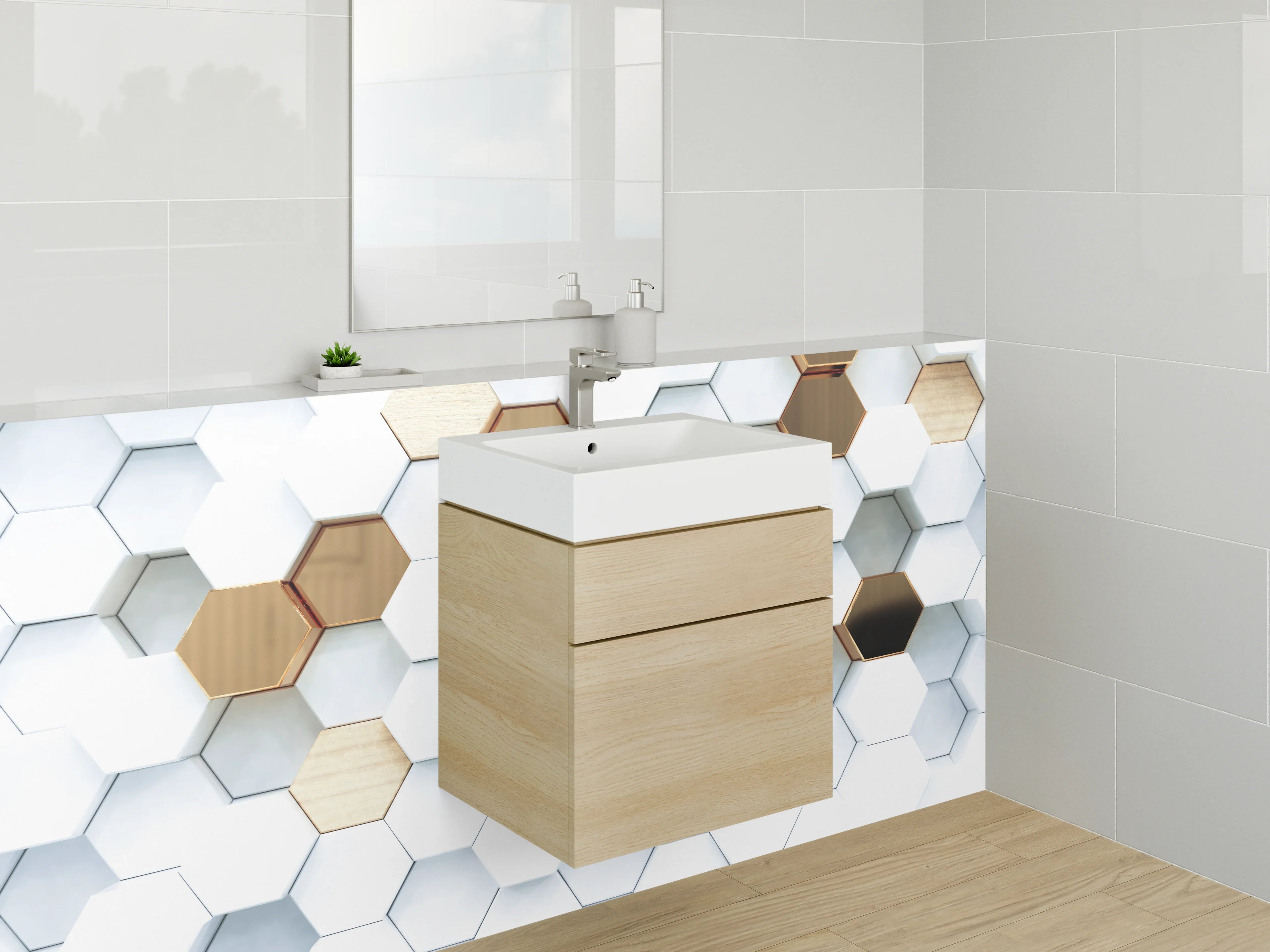 Waschbecken-Rückwand - Hexagon-Muster in Marmor und Gold