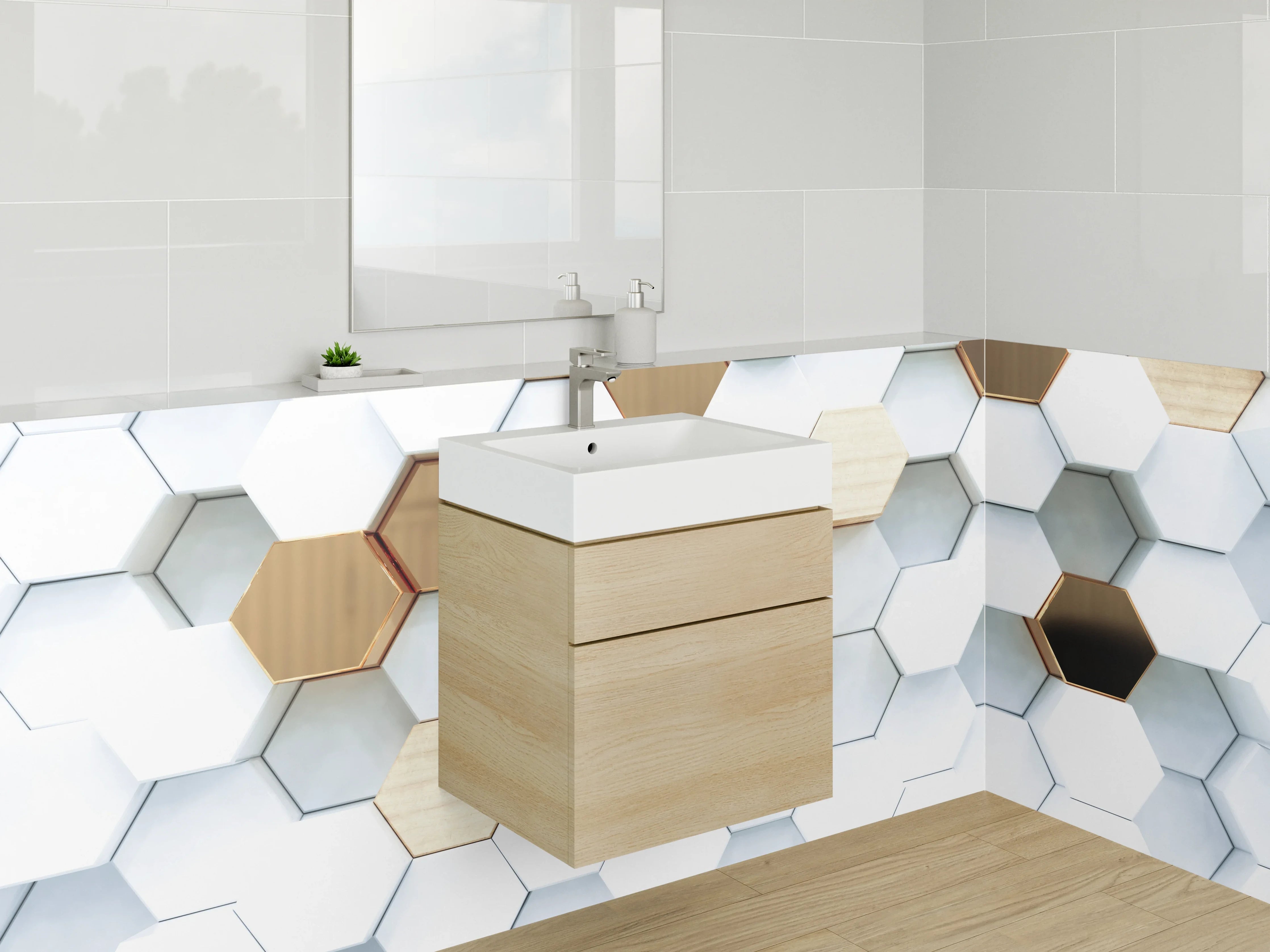 Waschbecken-Rückwand - Hexagon-Muster in Marmor und Gold