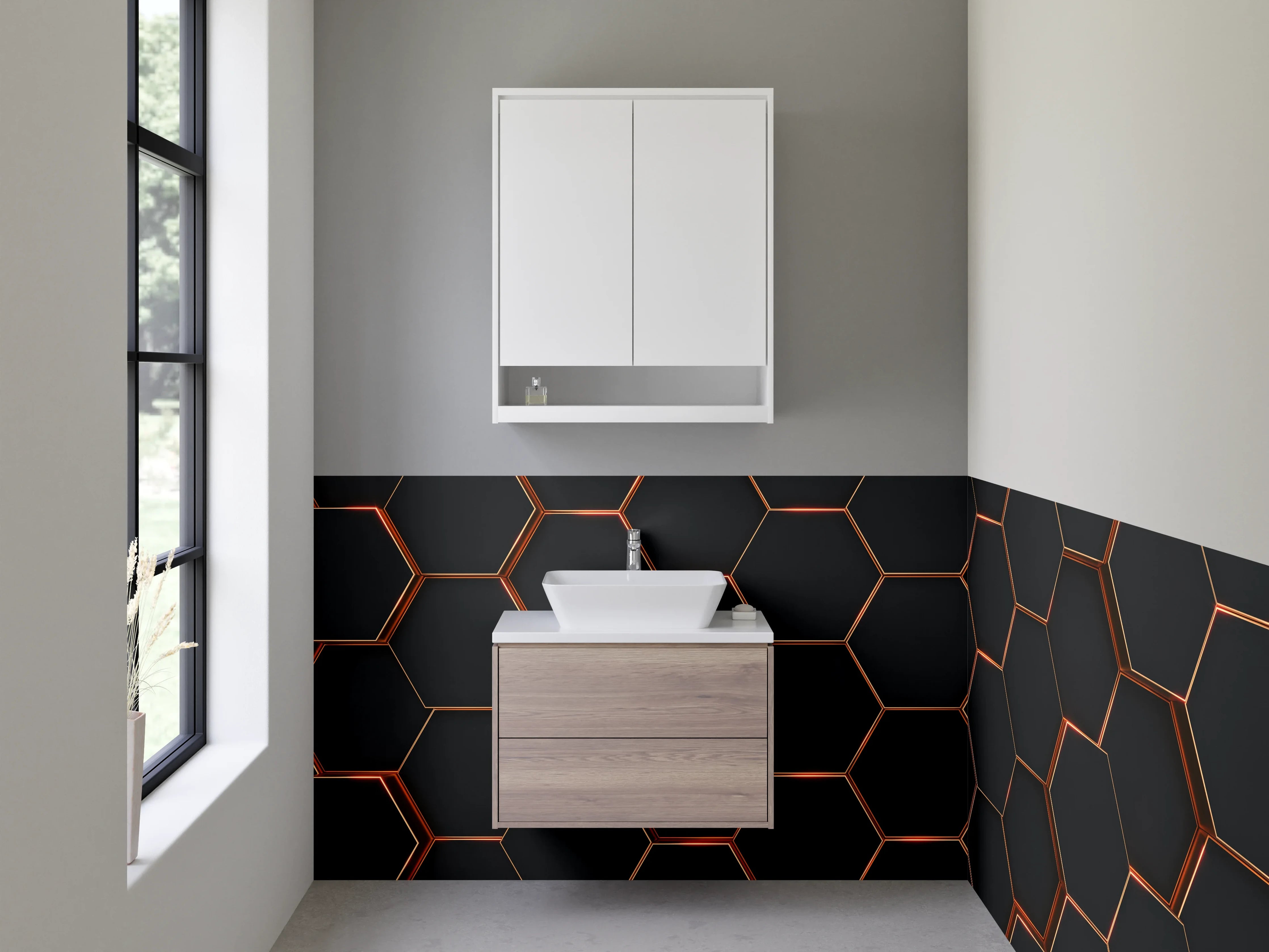 Waschbecken-Rückwand - Hexagon Muster in Schwarz Metallic