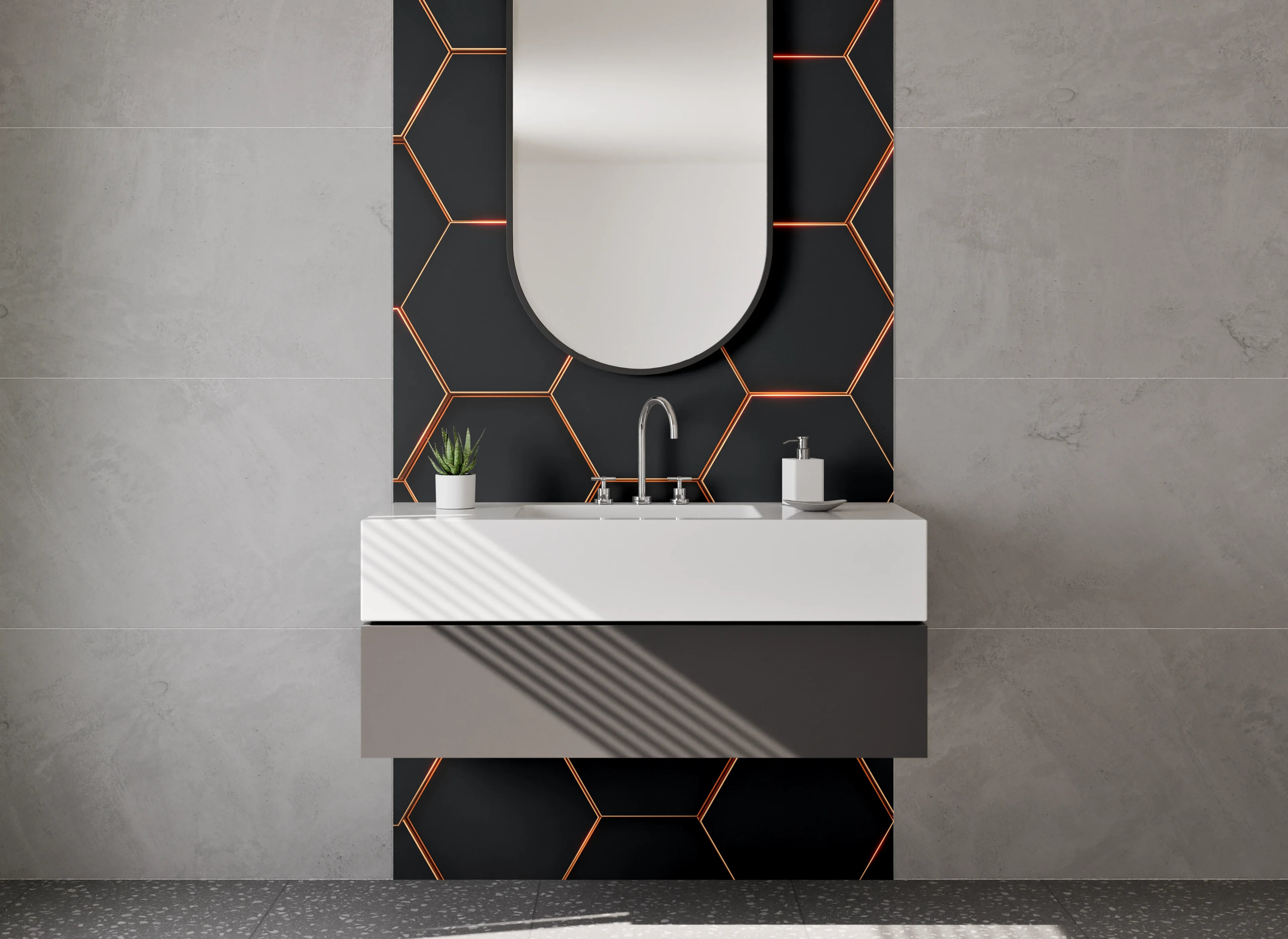 Waschbecken-Rückwand - Hexagon Muster in Schwarz Metallic