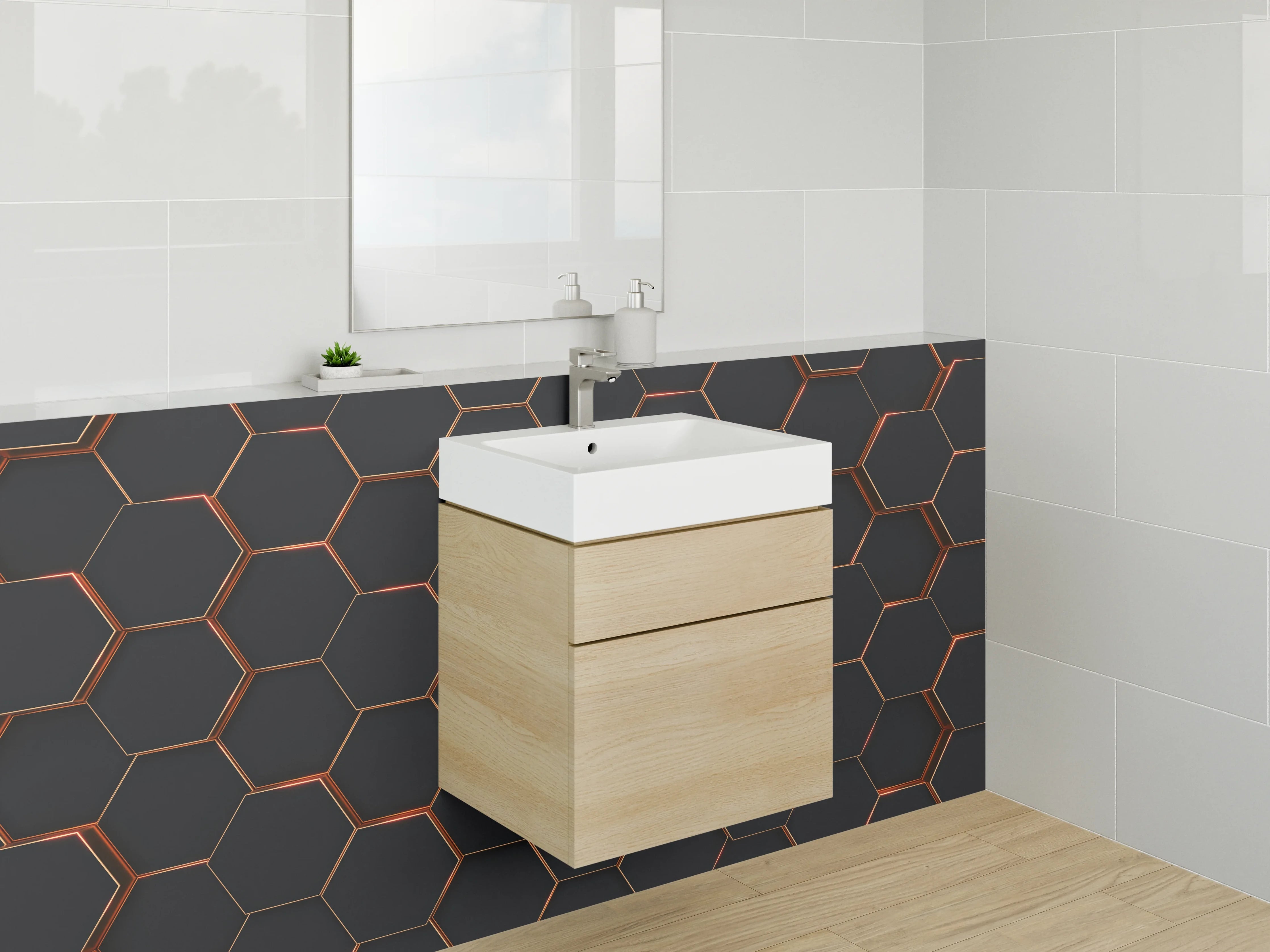 Waschbecken-Rückwand - Hexagon Muster in Schwarz Metallic